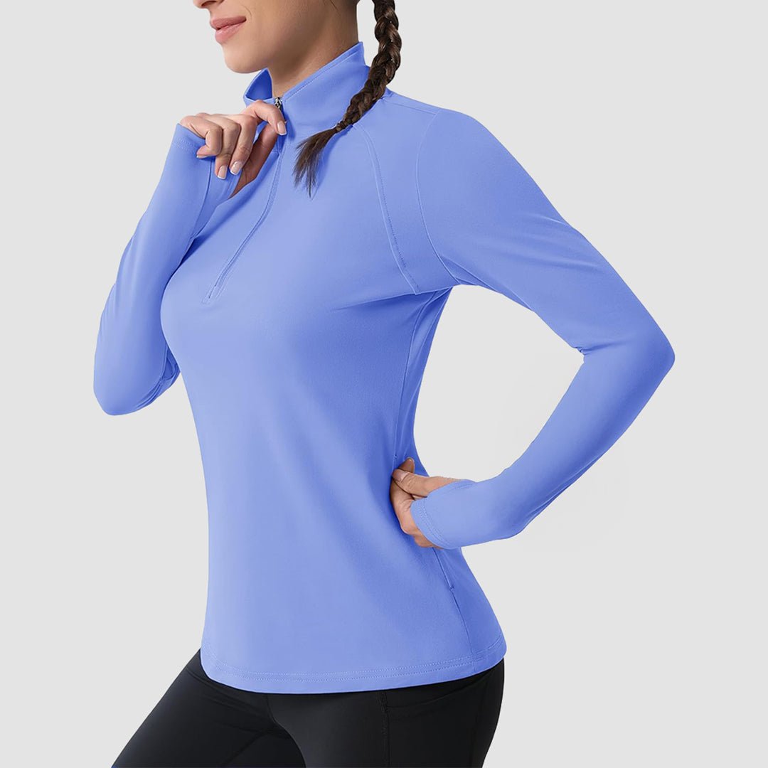 Women's slim fit thermal quarter zip running shirt brushed interior warm wicking stretch fabric