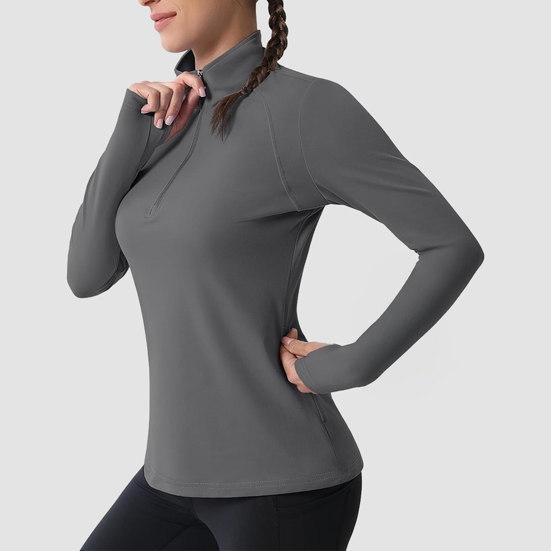 Women's slim fit thermal quarter zip running shirt brushed interior warm moisture-wicking athletic top