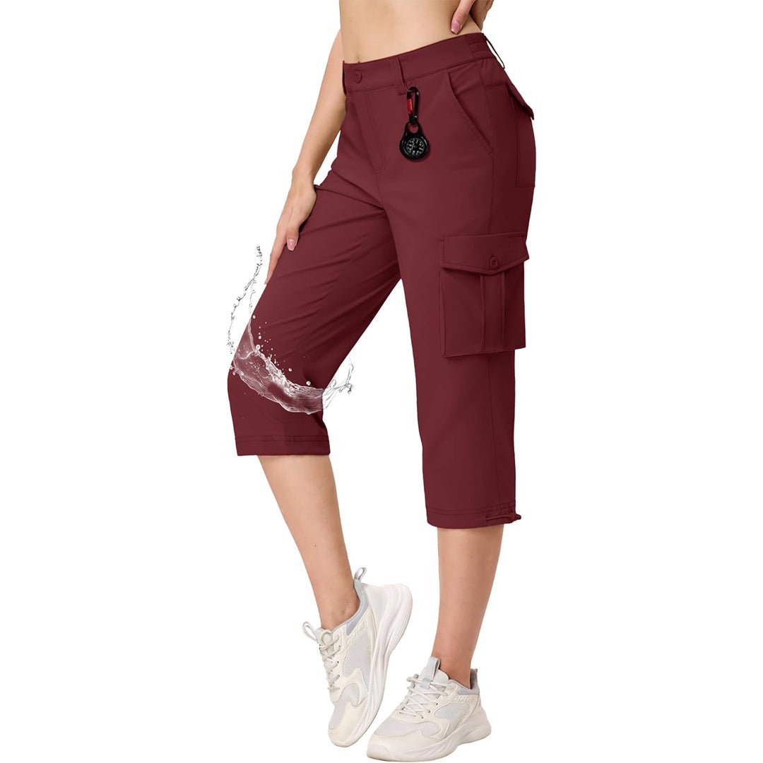 Women's lightweight khaki cargo capris with water-resistant nylon fabric and multi-pocket outdoor design