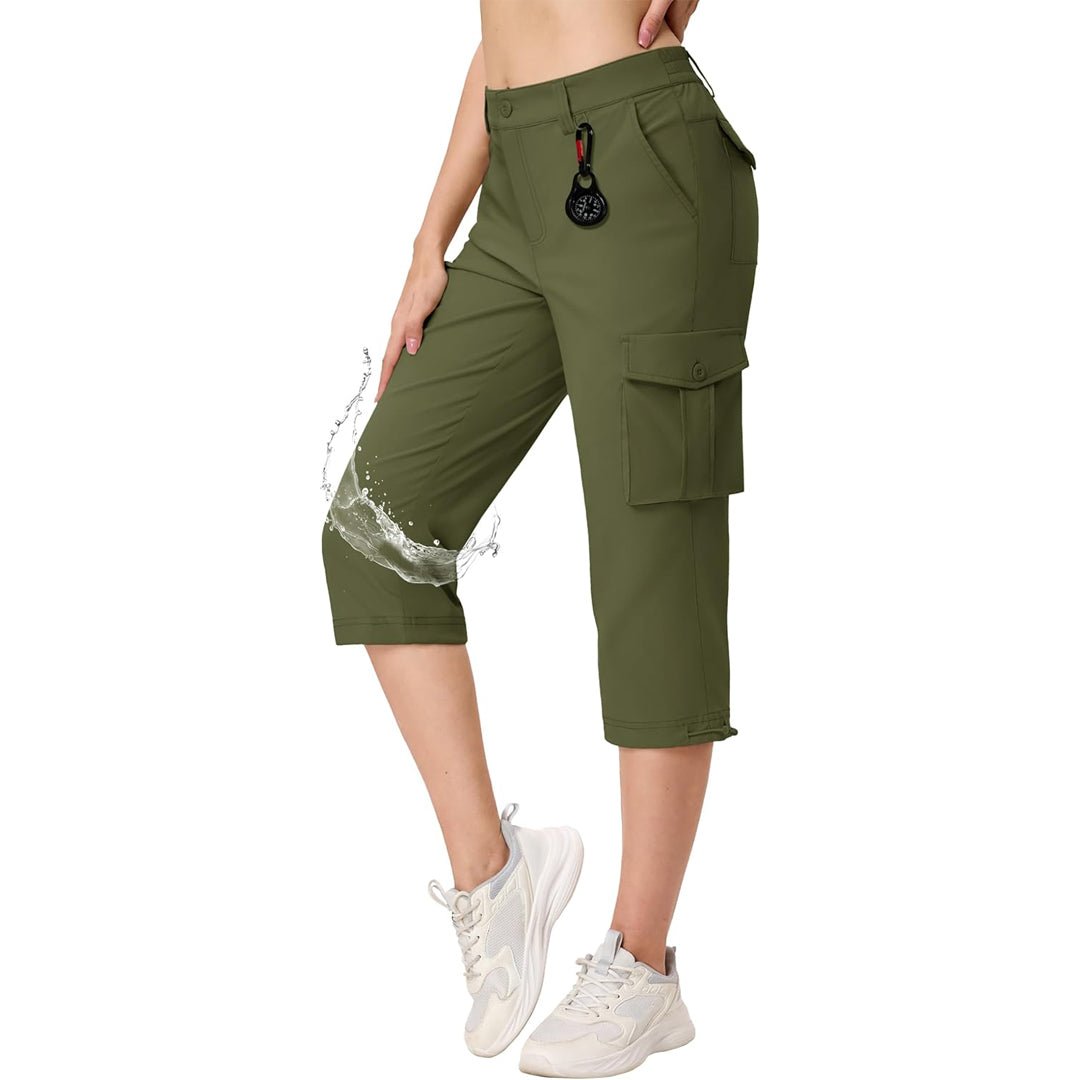Women's lightweight khaki cargo capris with water-resistant nylon fabric and multi-pocket outdoor design