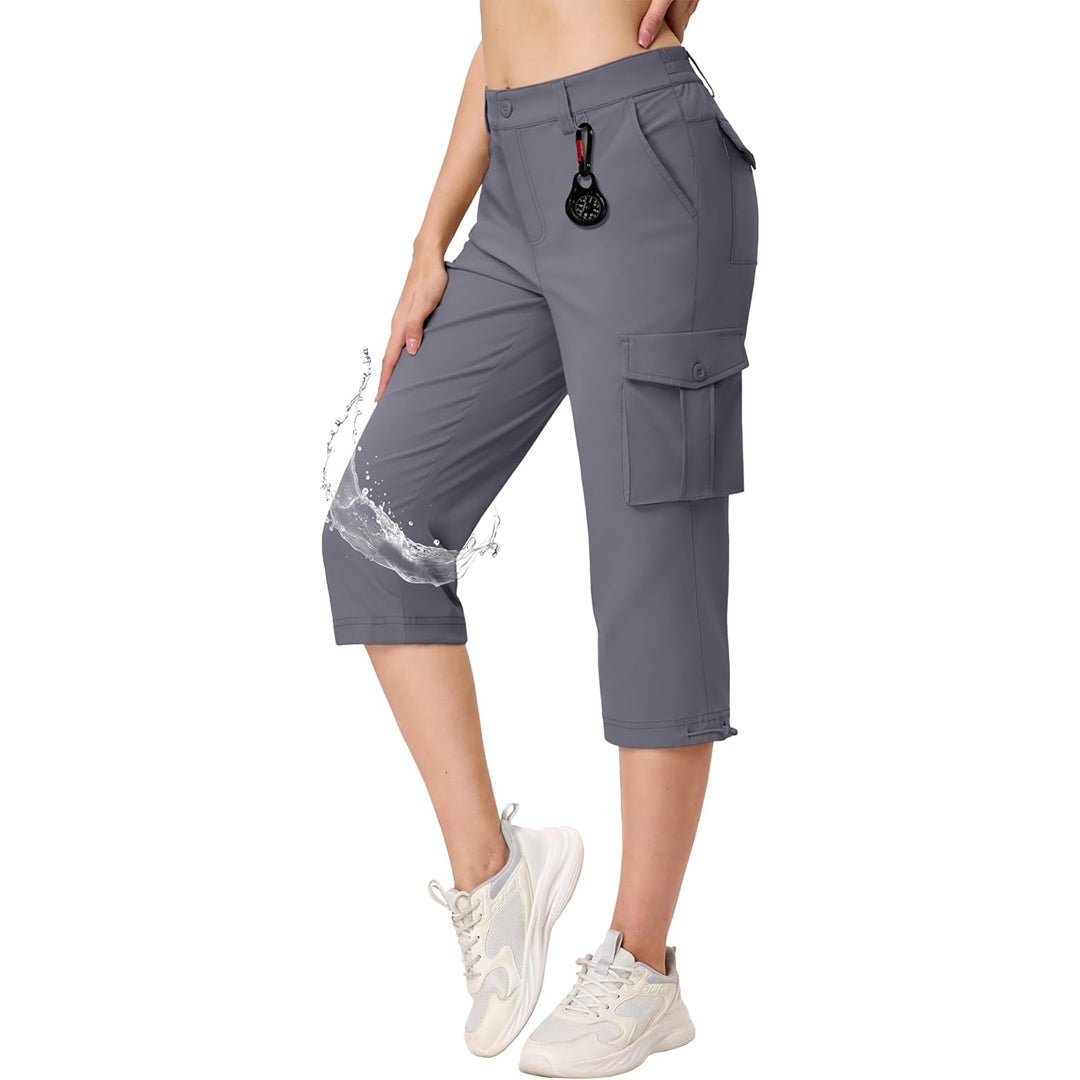 Women's lightweight khaki cargo capris with water-resistant nylon fabric and multi-pocket outdoor design