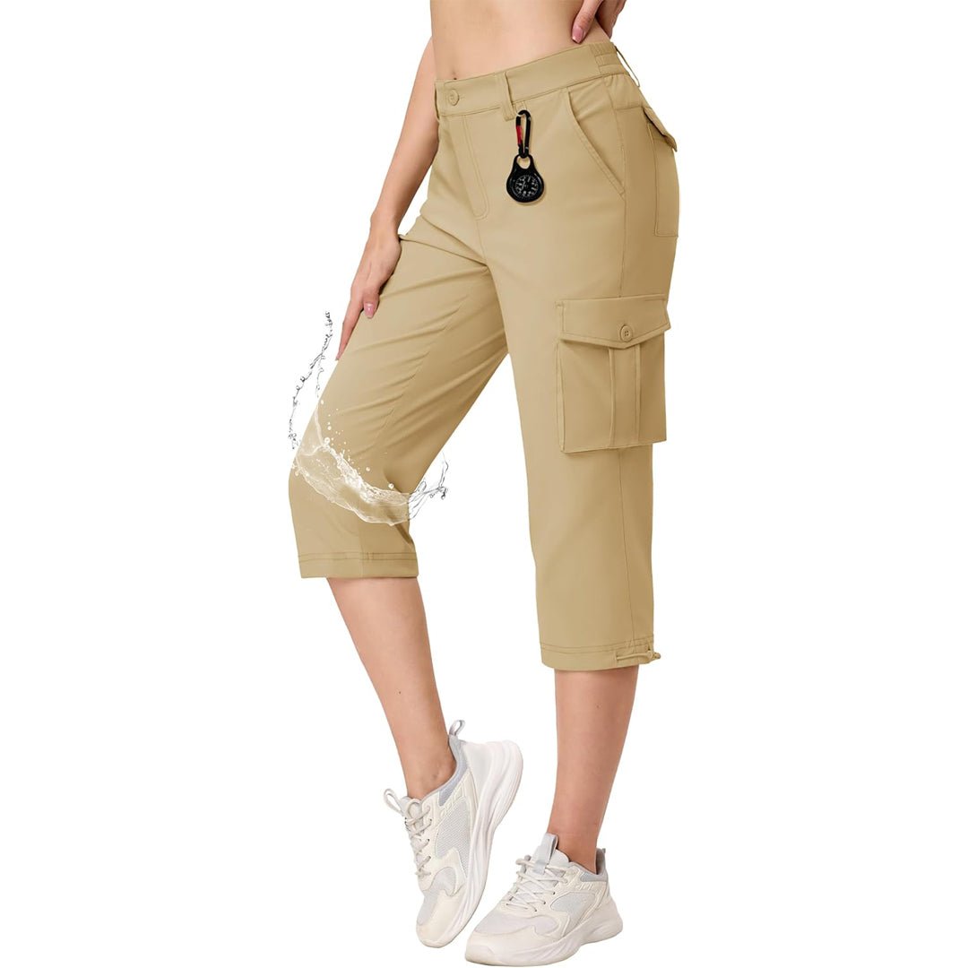 Women's lightweight khaki cargo capris with water-resistant nylon fabric and multi-pocket design
