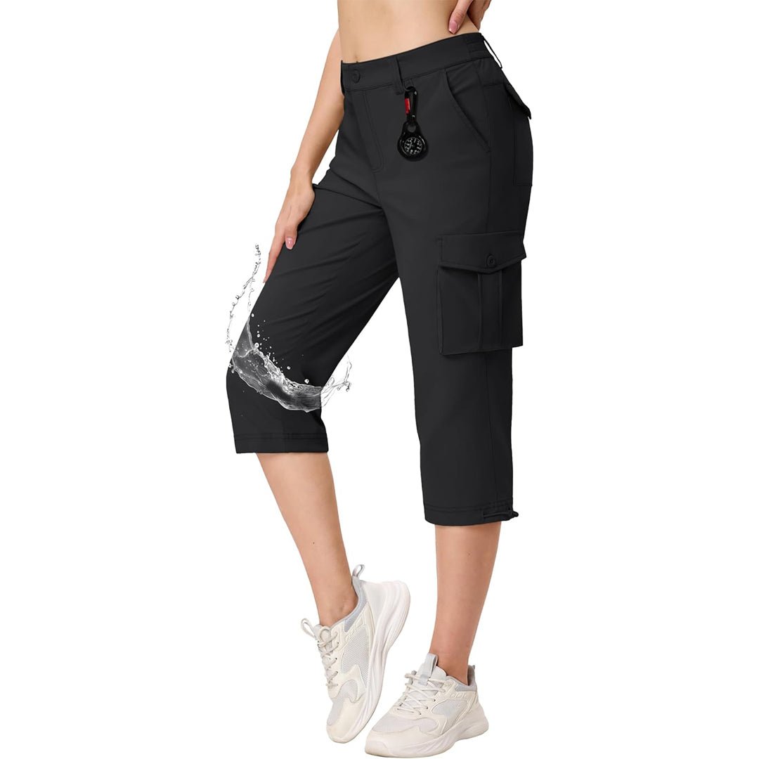 Women's lightweight cargo capris in neutral tone, water-resistant nylon-spandex blend with multi-pocket design