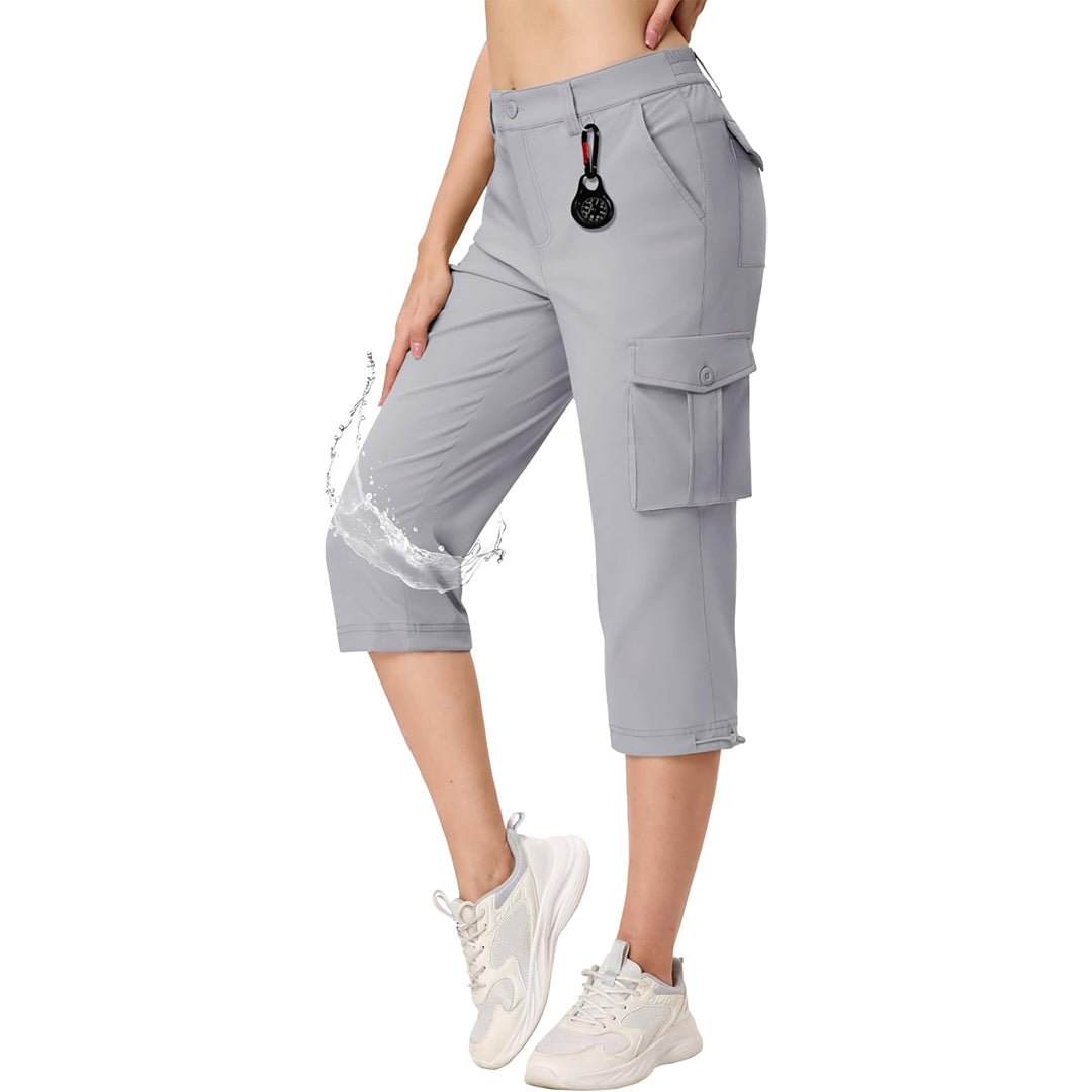 Women's lightweight khaki cargo capris with water-resistant nylon fabric and multi-pocket outdoor design