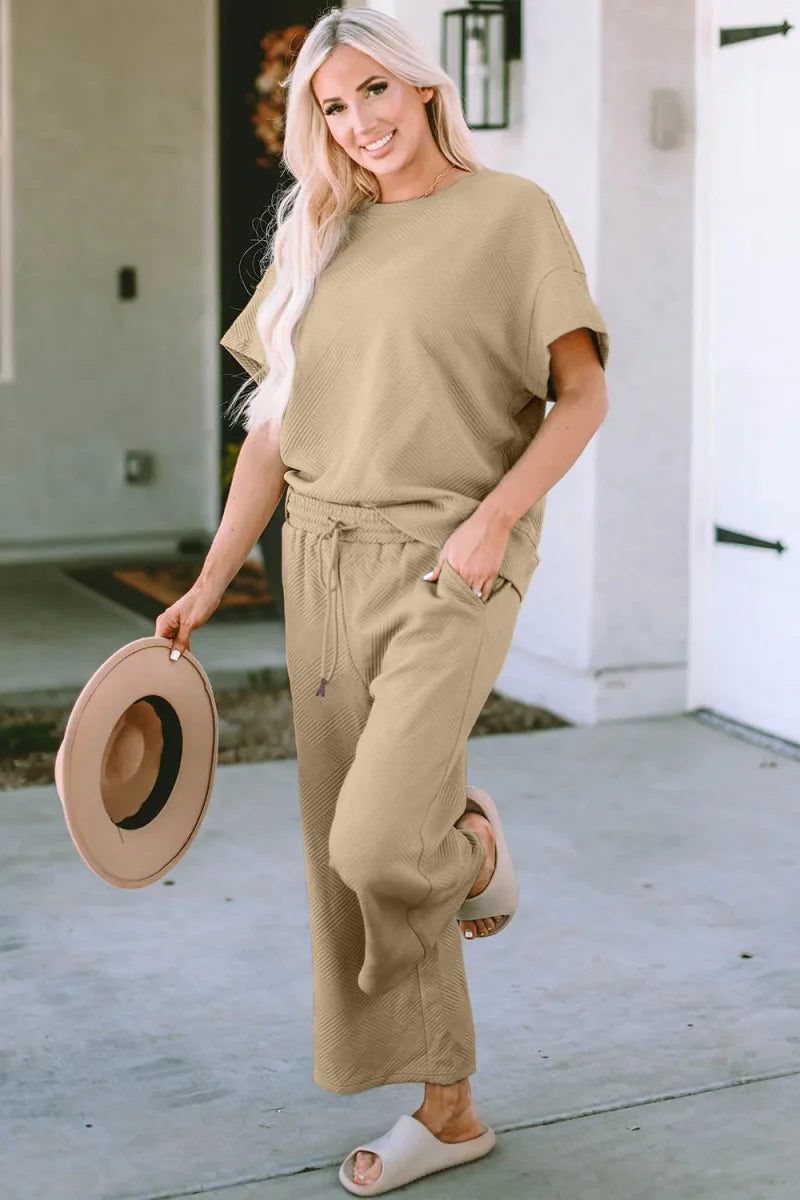 Women's two-piece drawstring lounge set in breathable polyester spandex with adjustable waist