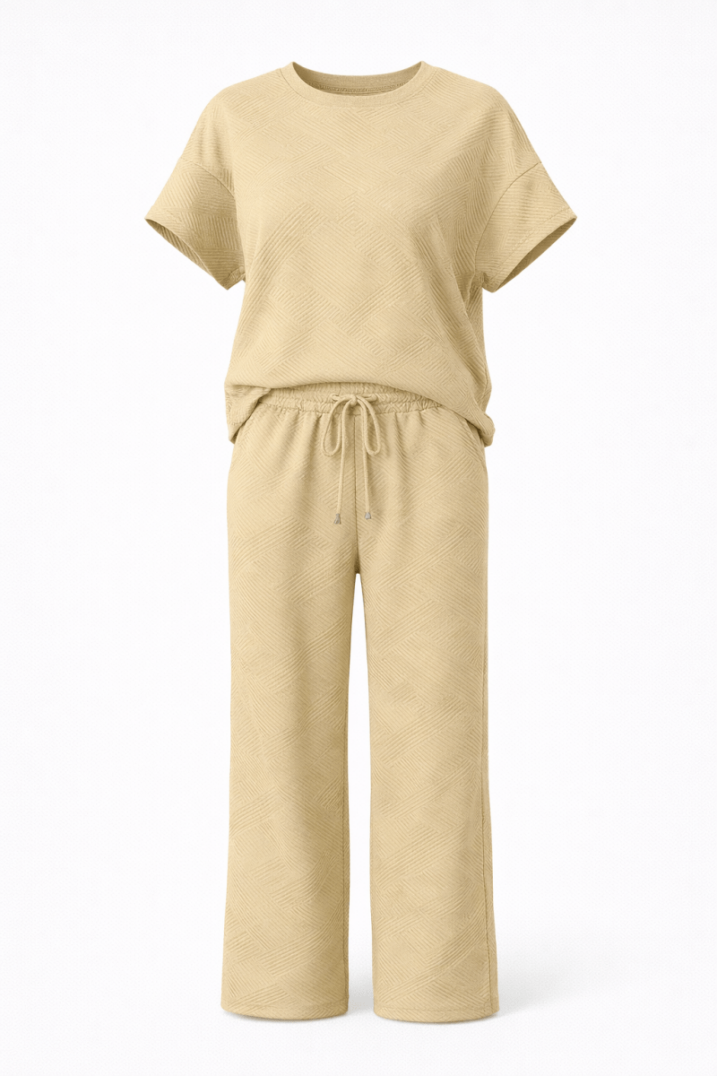 Women's two-piece lounge set in solid color, relaxed fit with adjustable drawstring waist, breathable fabric