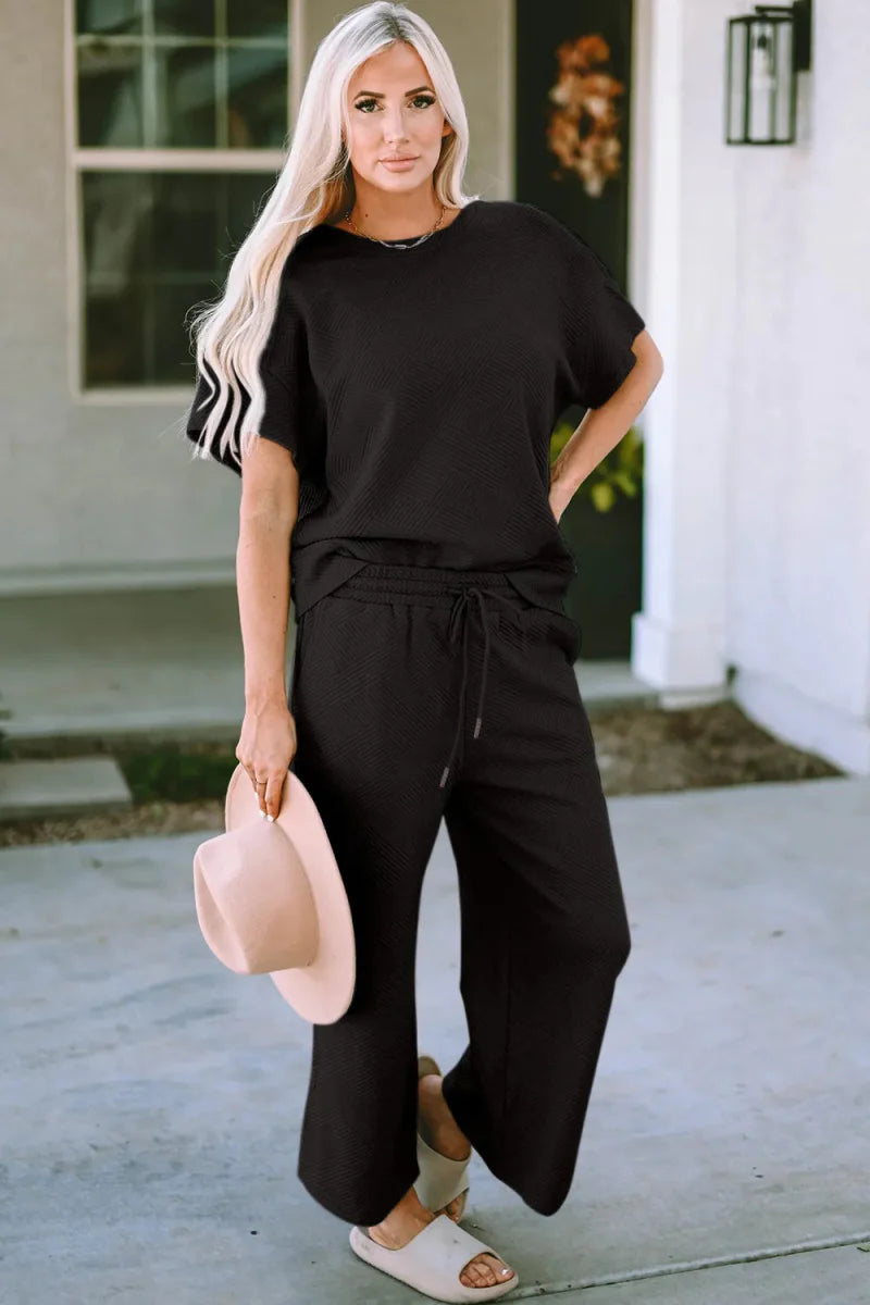 Women's two-piece drawstring lounge set breathable polyester-spandex blend adjustable waistband comfort fit