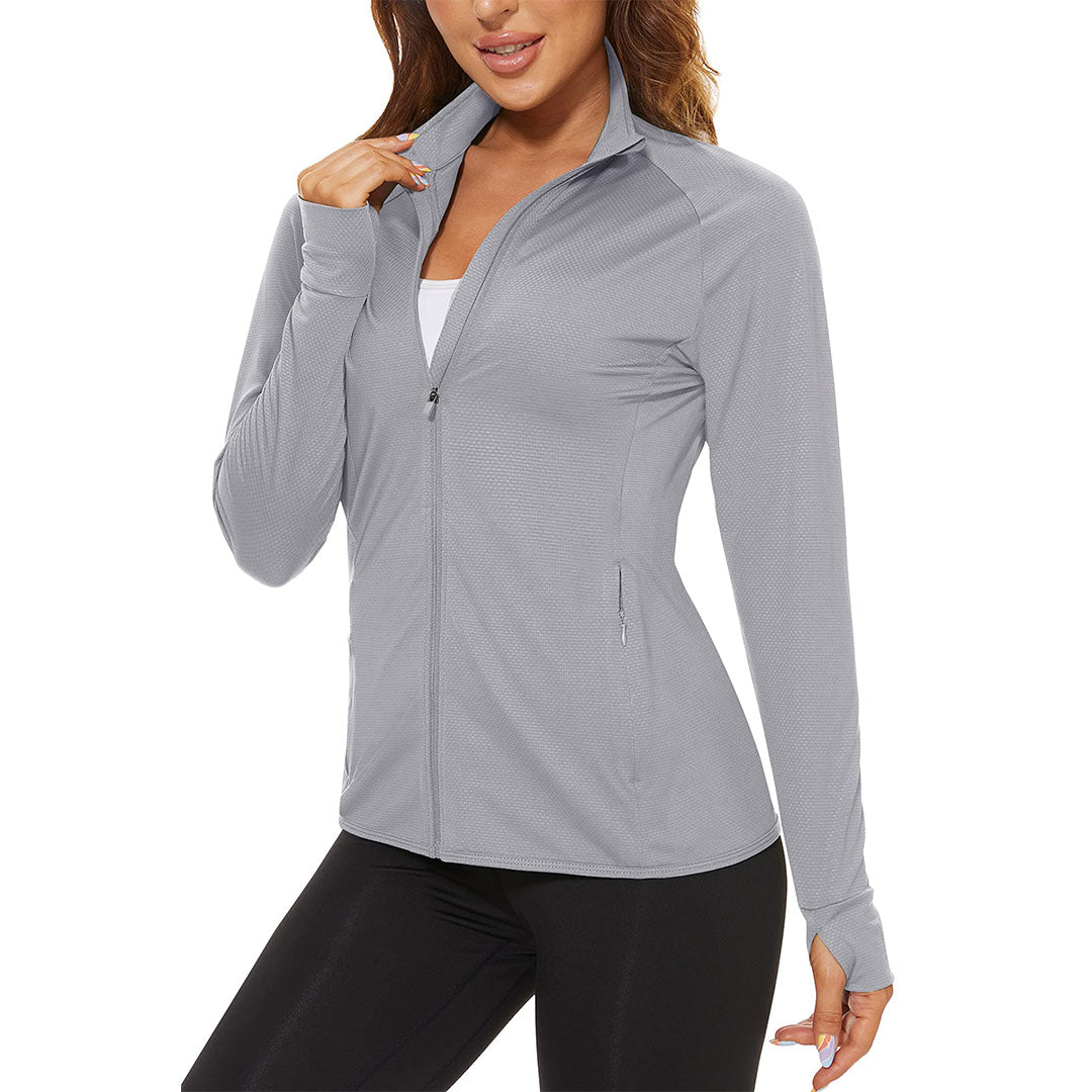 Women's light blue UPF 50+ quick-dry hiking shirt with sun protection, slim athletic fit