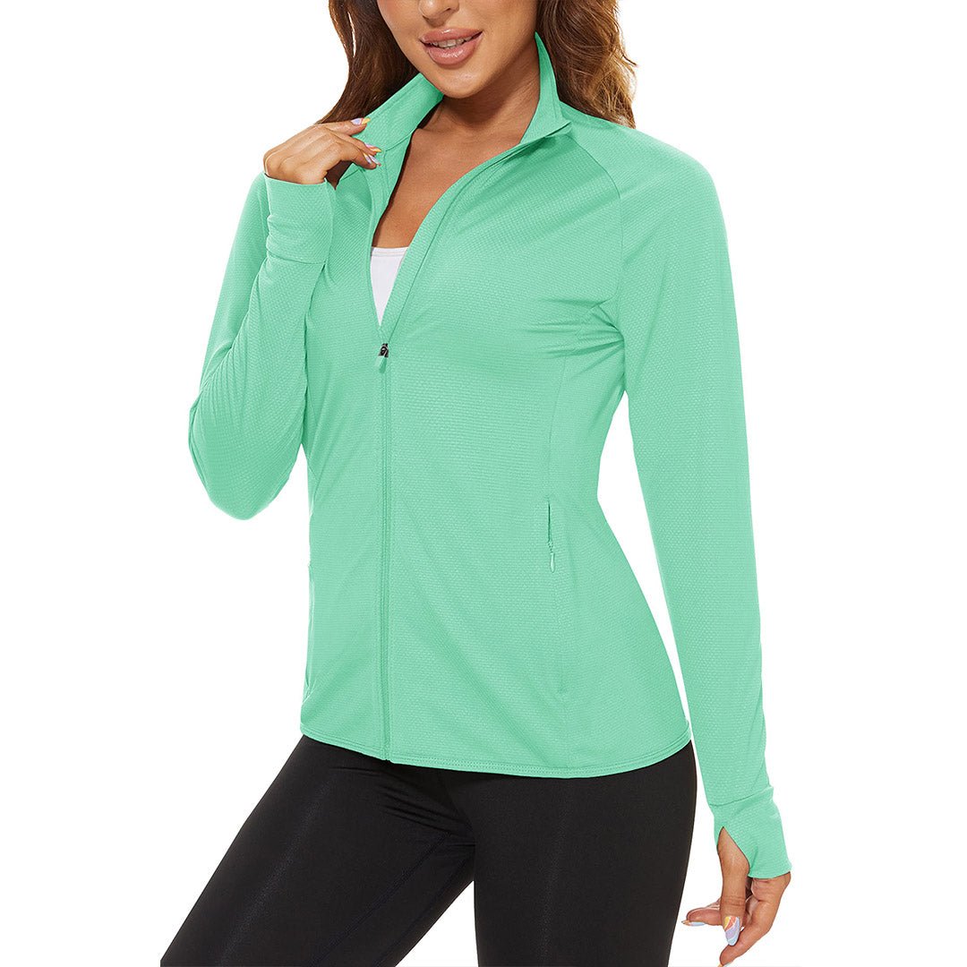 Women's light blue UPF 50+ quick-dry hiking shirt with sun protection, slim athletic fit