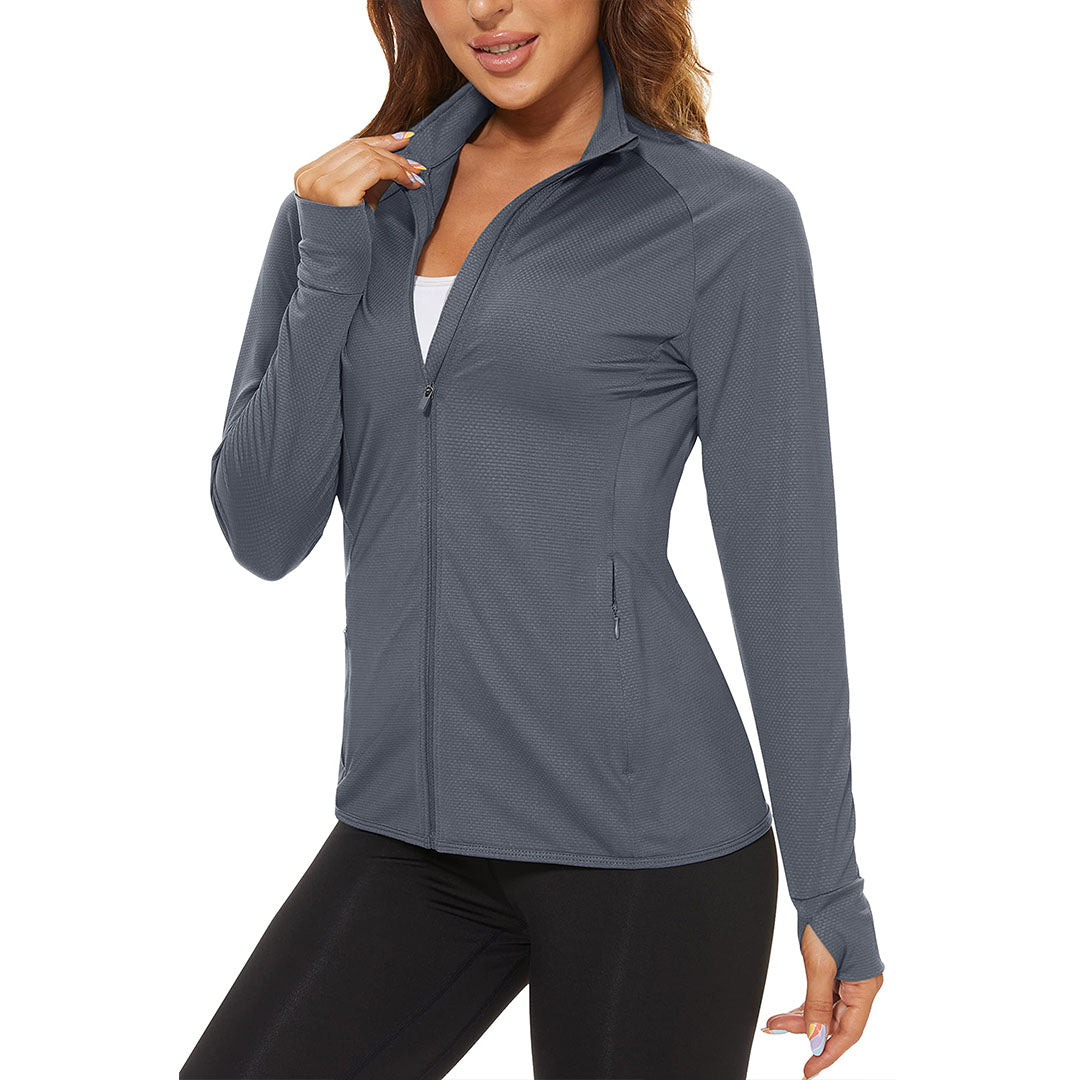Women's light blue UPF 50+ quick-dry hiking shirt with sun protection, slim athletic fit