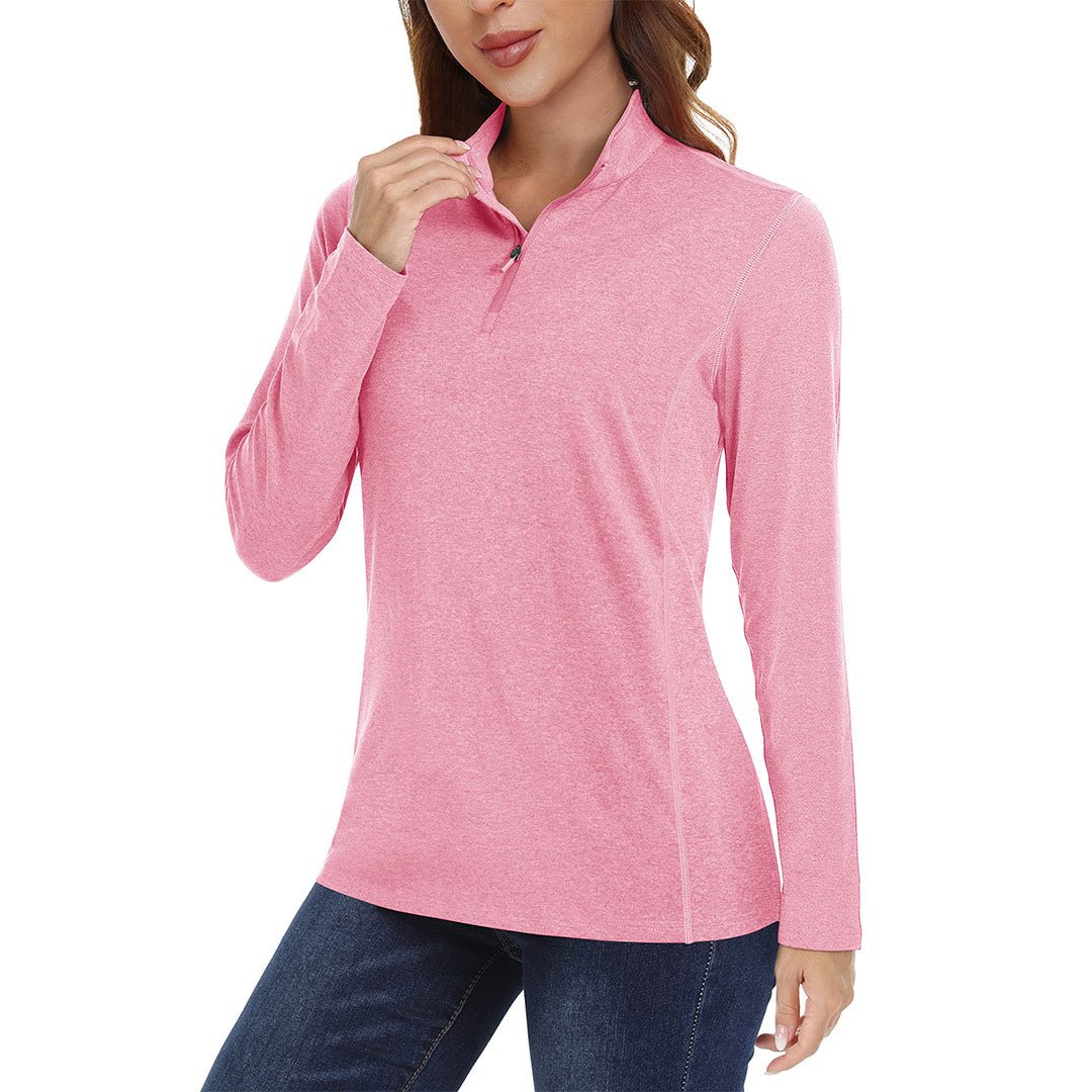 Women's UPF 50+ beige hiking shirt stand collar quarter zip sun protection outdoor