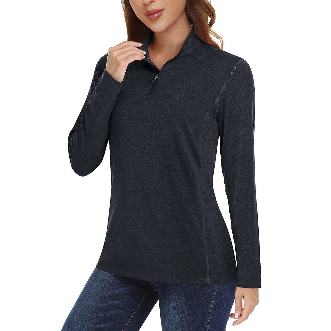 Women's UPF 50+ quarter-zip hiking shirt with stand collar for sun protection outdoor performance