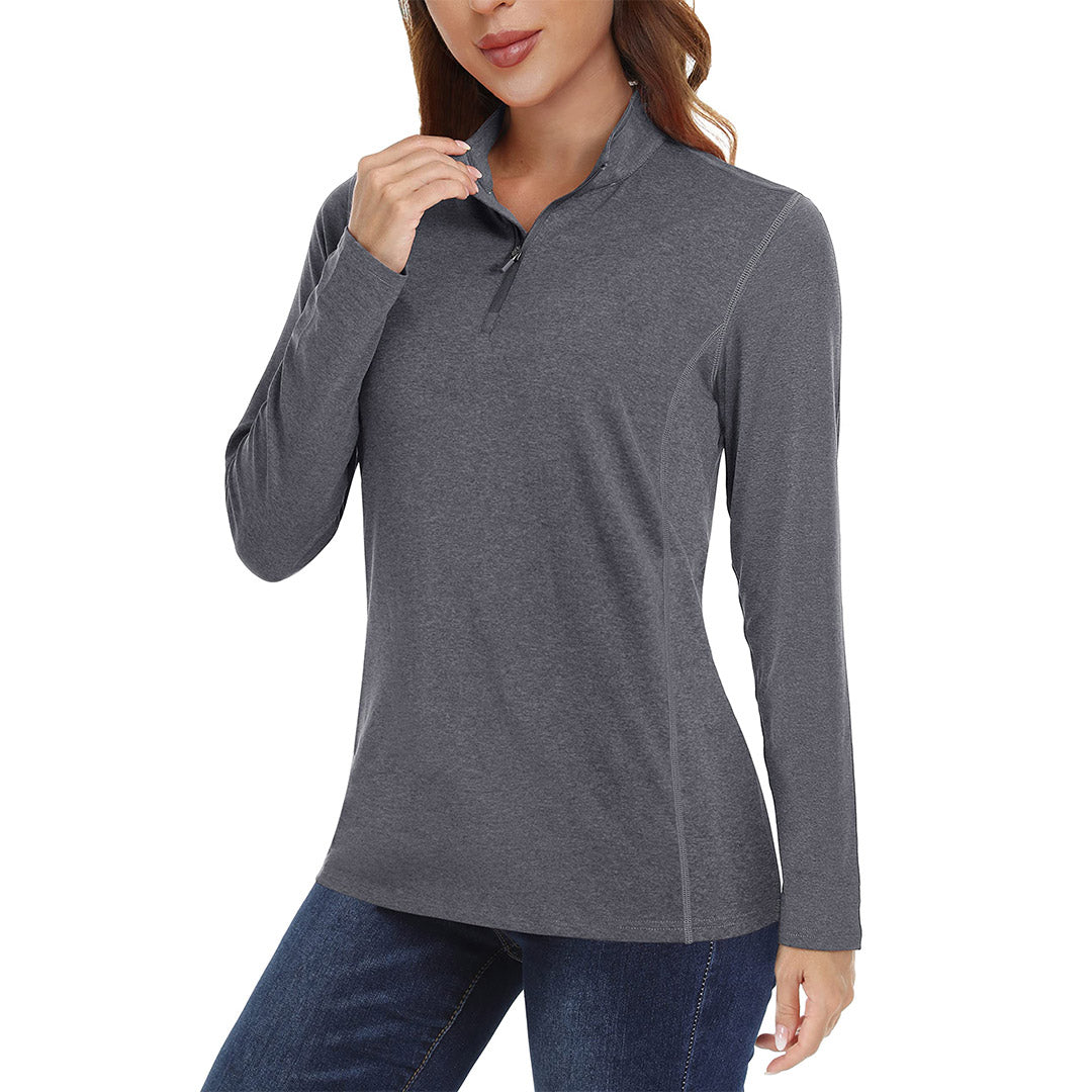 Women's UPF 50+ hiking shirt light blue quarter-zip stand collar sun protection outdoor performance