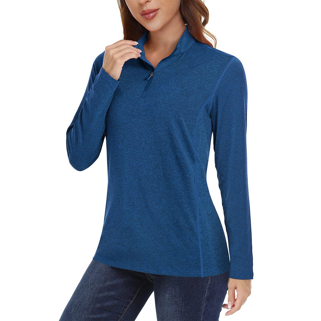 Women's UPF 50+ hiking shirt light blue quarter-zip stand collar sun protection outdoor performance