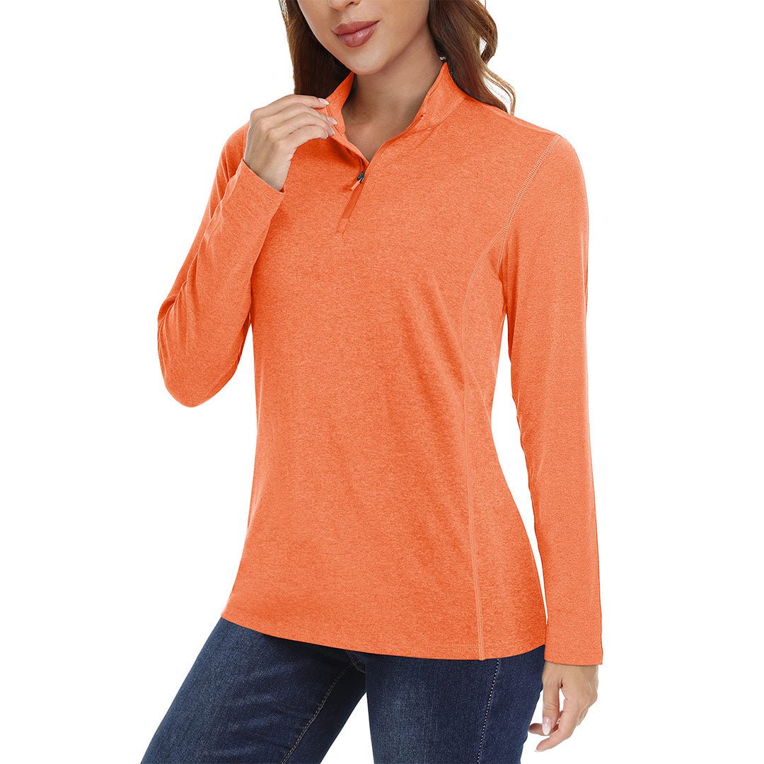 Women's UPF 50+ hiking shirt light blue quarter-zip stand collar sun protection outdoor performance