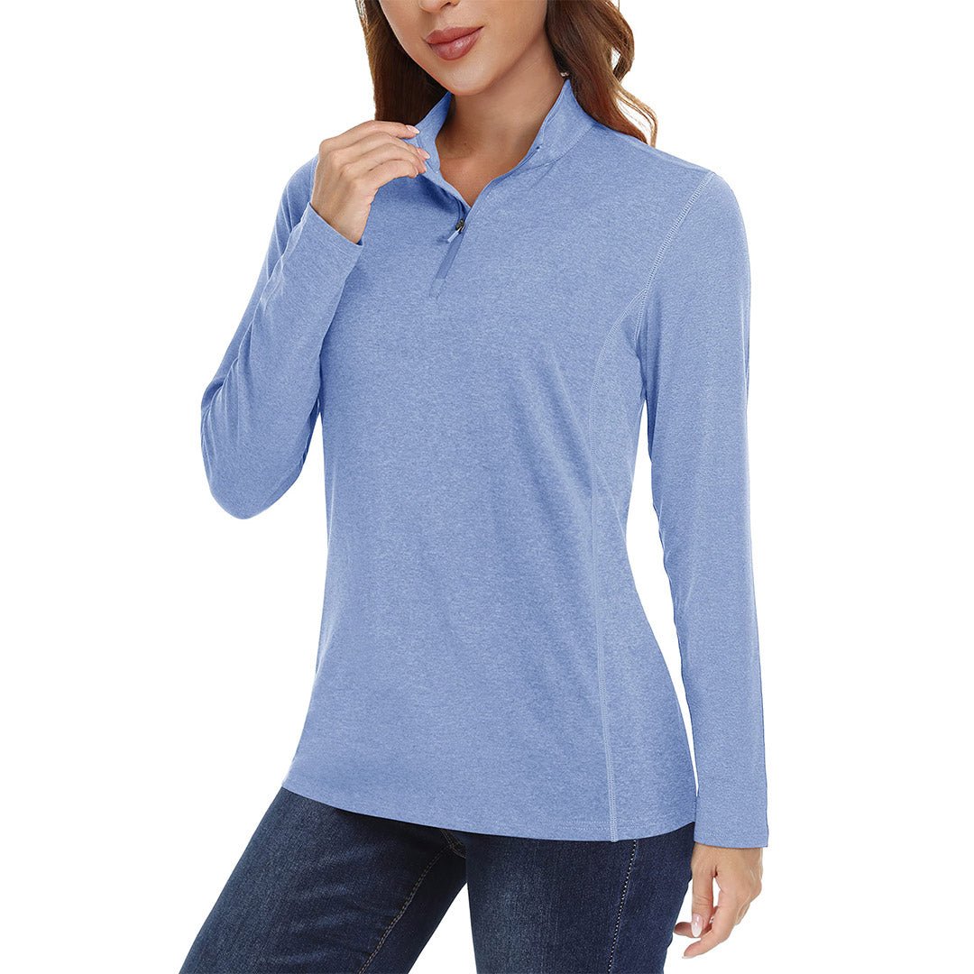 Women's UPF 50+ quarter-zip hiking shirt with stand collar for outdoor sun protection