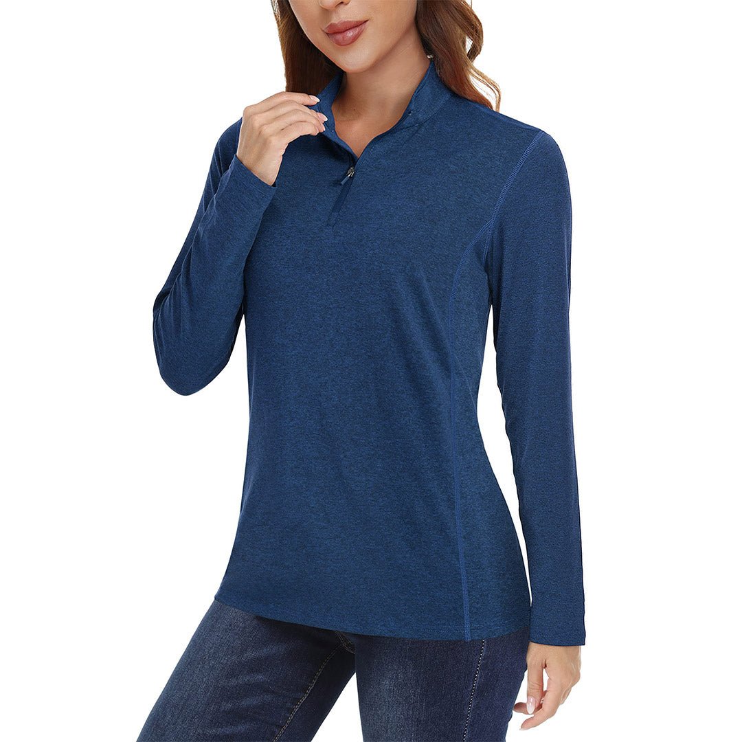 Women's UPF 50+ quarter-zip hiking shirt with stand collar for sun protection outdoor performance