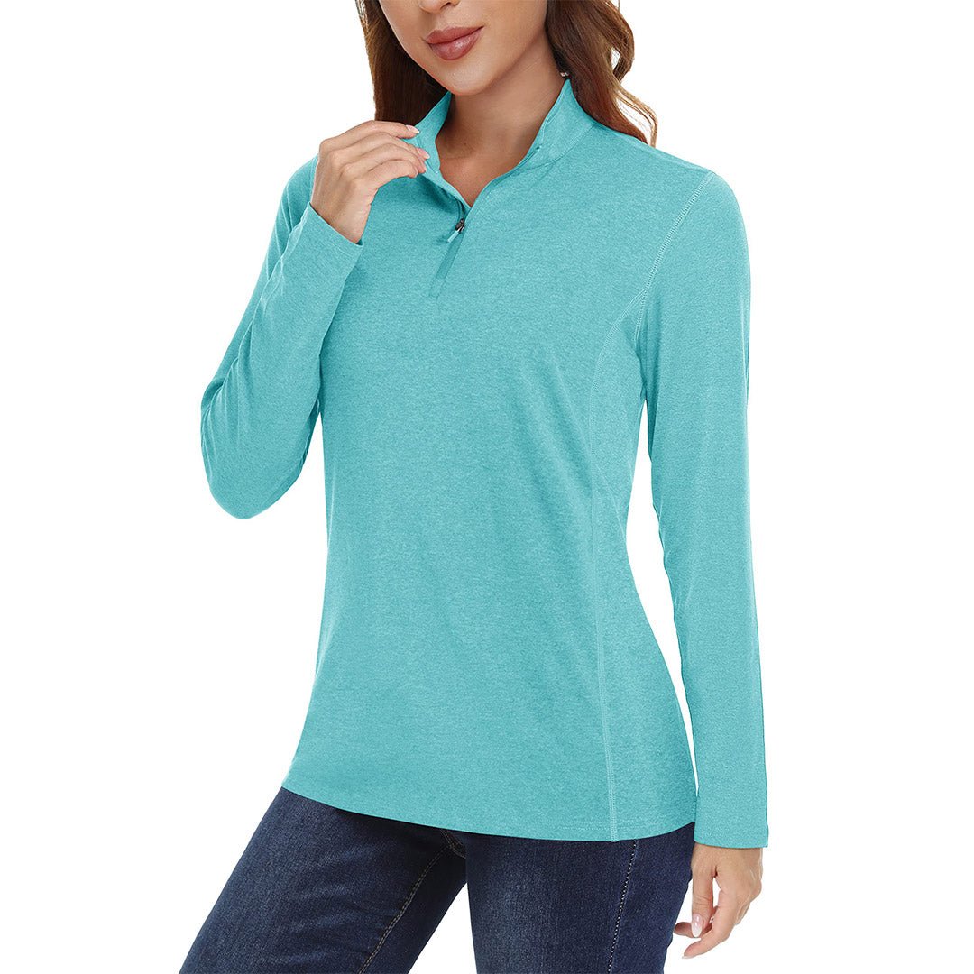 Women's UPF 50+ quarter-zip hiking shirt with stand collar for sun protection outdoor performance