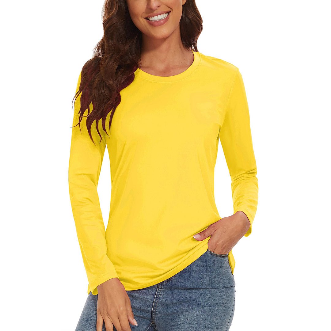 Women's white UPF 80+ long sleeve rash guard shirt with lightweight stretch fabric for sun protection