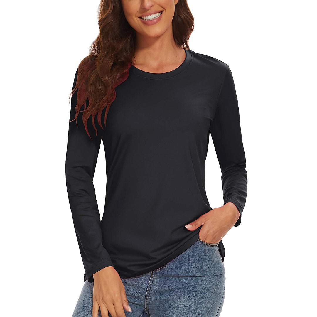 Women's white UPF 80 long sleeve rash guard shirt with athletic fit and sun protection fabric