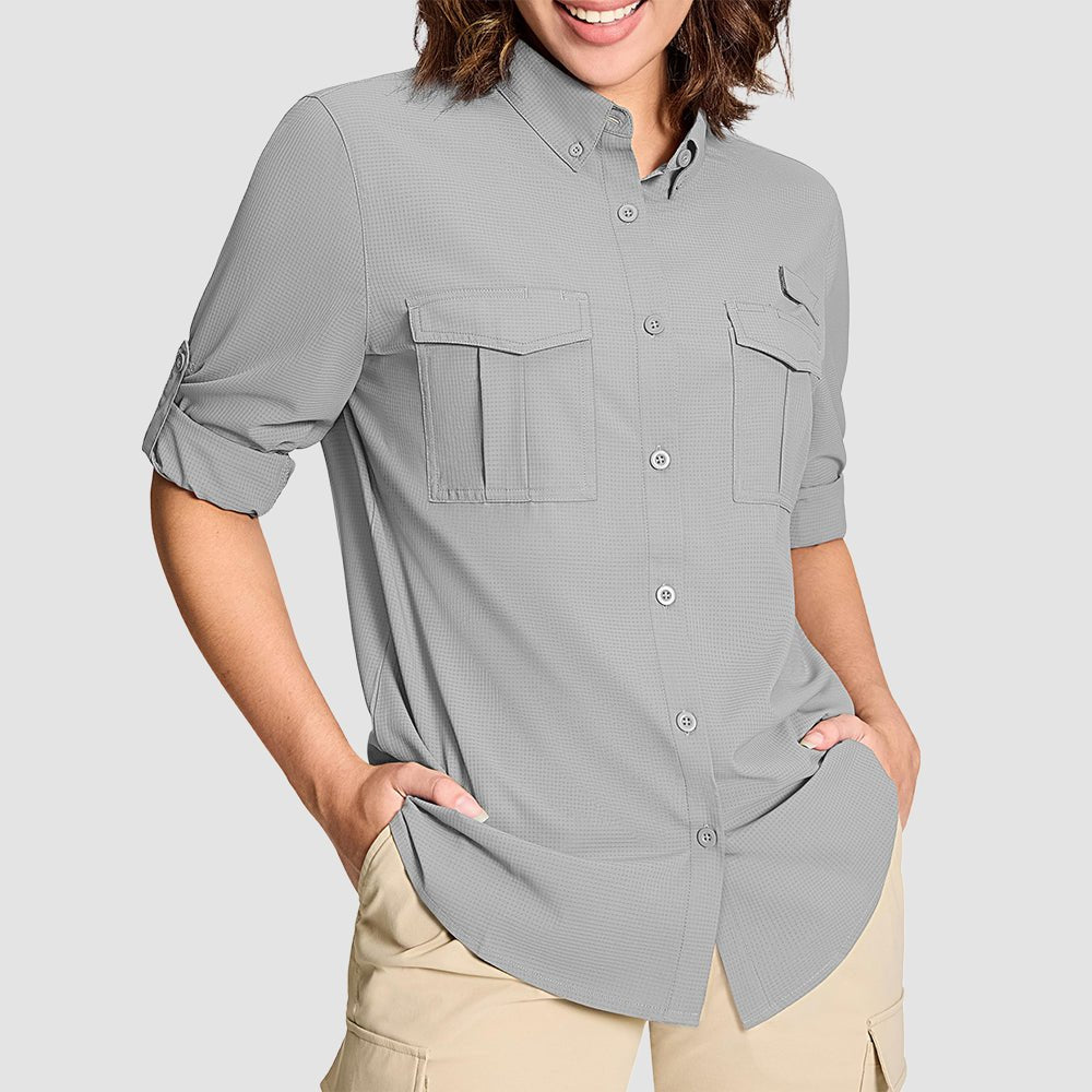 Women's UPF 50 long sleeve hiking shirt lightweight quick-dry sun protection with roll-up sleeves