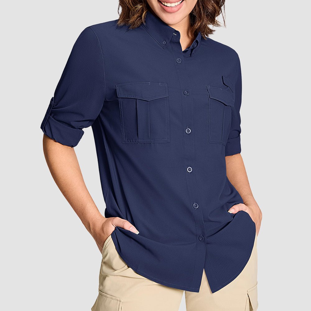 Women's UPF 50 long sleeve hiking shirt lightweight quick-dry breathable with roll-up sleeves sun protection