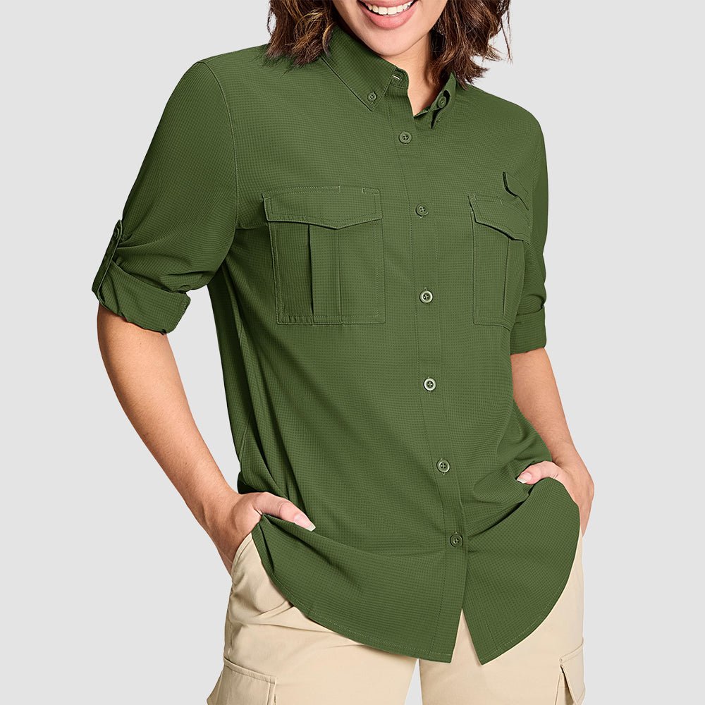 Women's UPF 50 long sleeve hiking shirt quick-dry breathable sun protection with roll-up sleeves