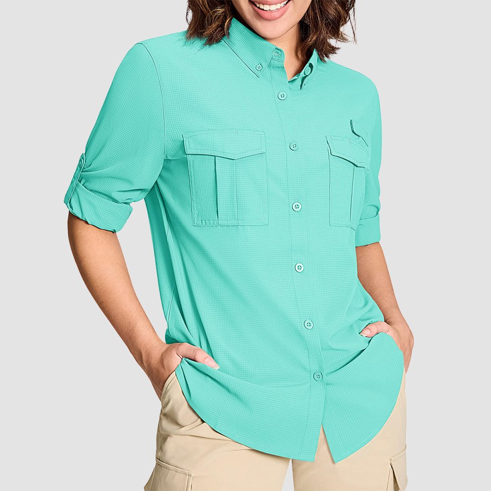 Women's UPF 50 long sleeve hiking shirt quick-dry breathable sun protection with roll-up sleeves