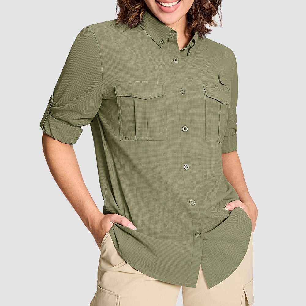 Women's UPF 50 long sleeve hiking shirt lightweight quick-dry breathable roll-up sleeves sun protection