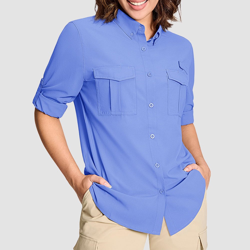 Women's UPF 50 long sleeve hiking shirt quick-dry breathable fabric with roll-up sleeves sun protection