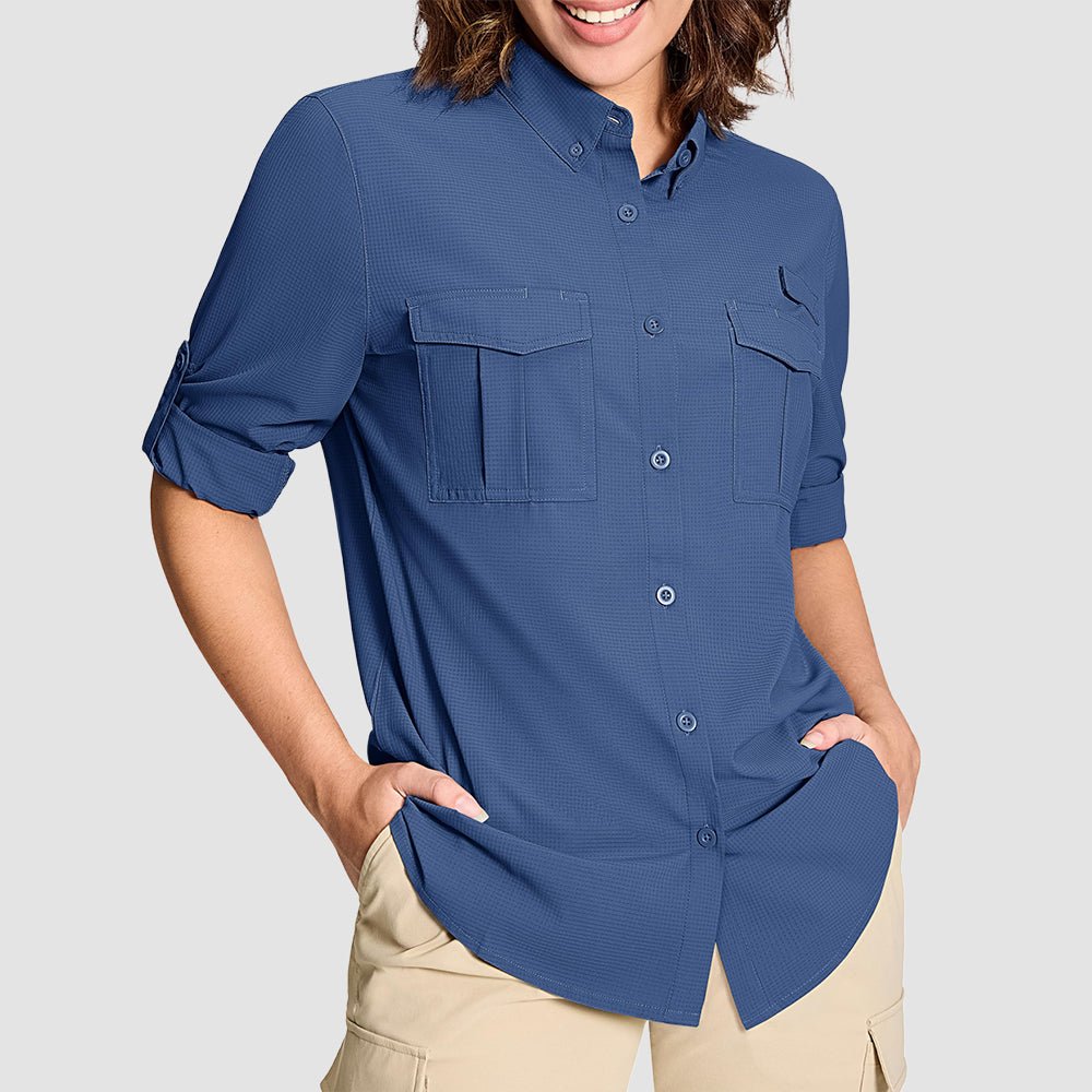 Women's UPF 50 long sleeve hiking shirt quick-dry breathable fabric with roll-up sleeves sun protection