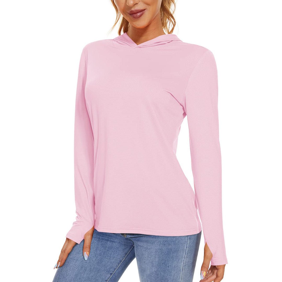 Women's UPF 50+ long sleeve hoodie shirt lightweight breathable polyester blend for running hiking