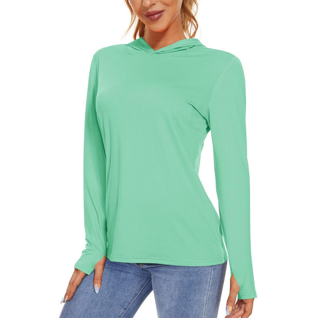 Women's UPF 50+ long sleeve hoodie shirt light blue breathable stretch fabric for running hiking
