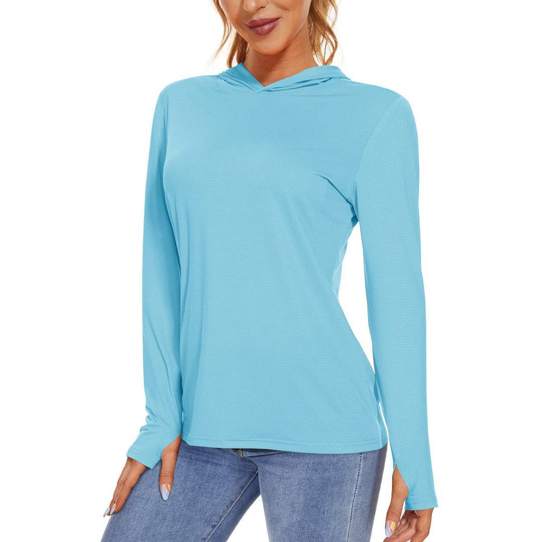 Women's UPF 50+ long sleeve hoodie shirt light breathable stretch fabric for running hiking