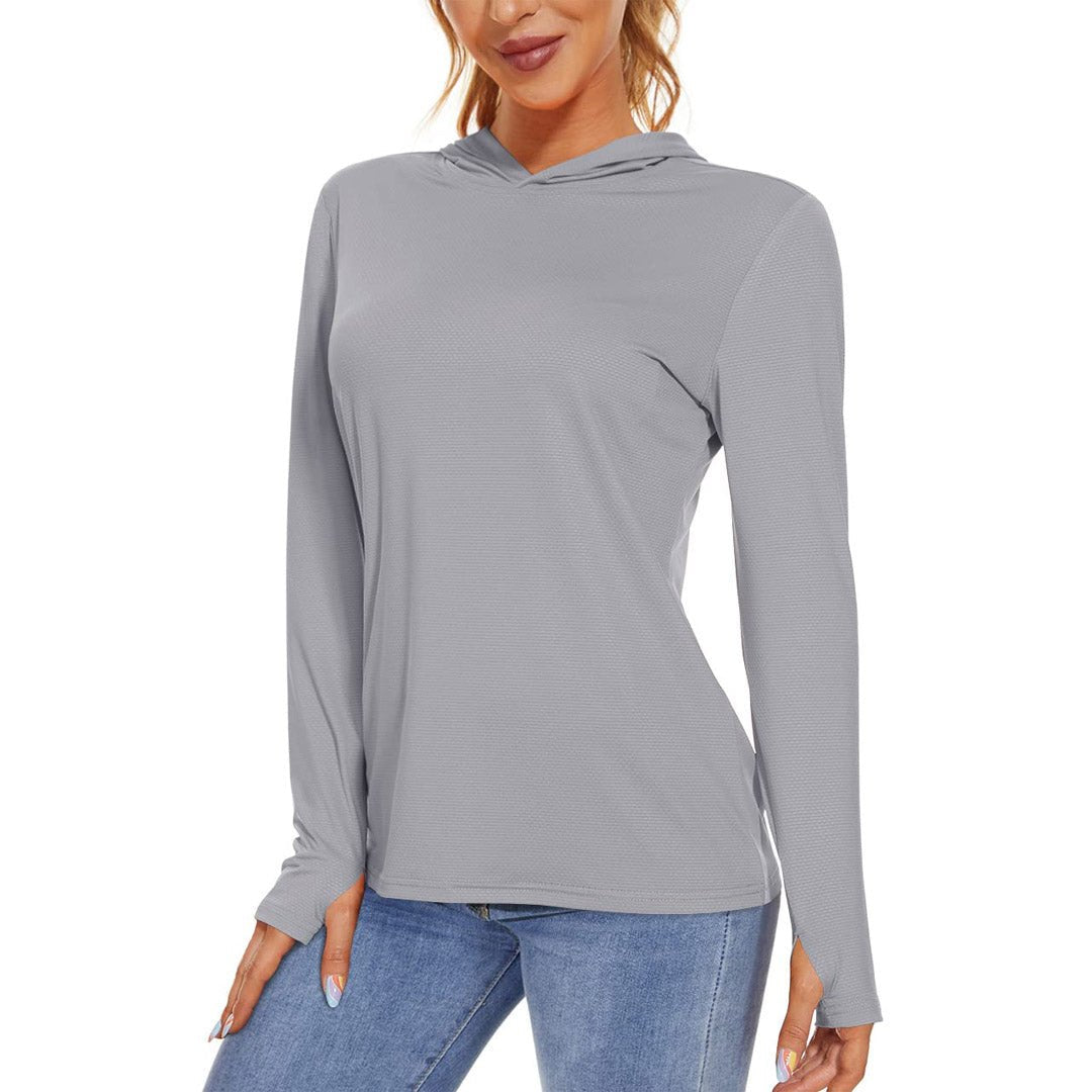 Women's UPF 50+ long sleeve hoodie shirt light breathable fabric for running and hiking sun protection
