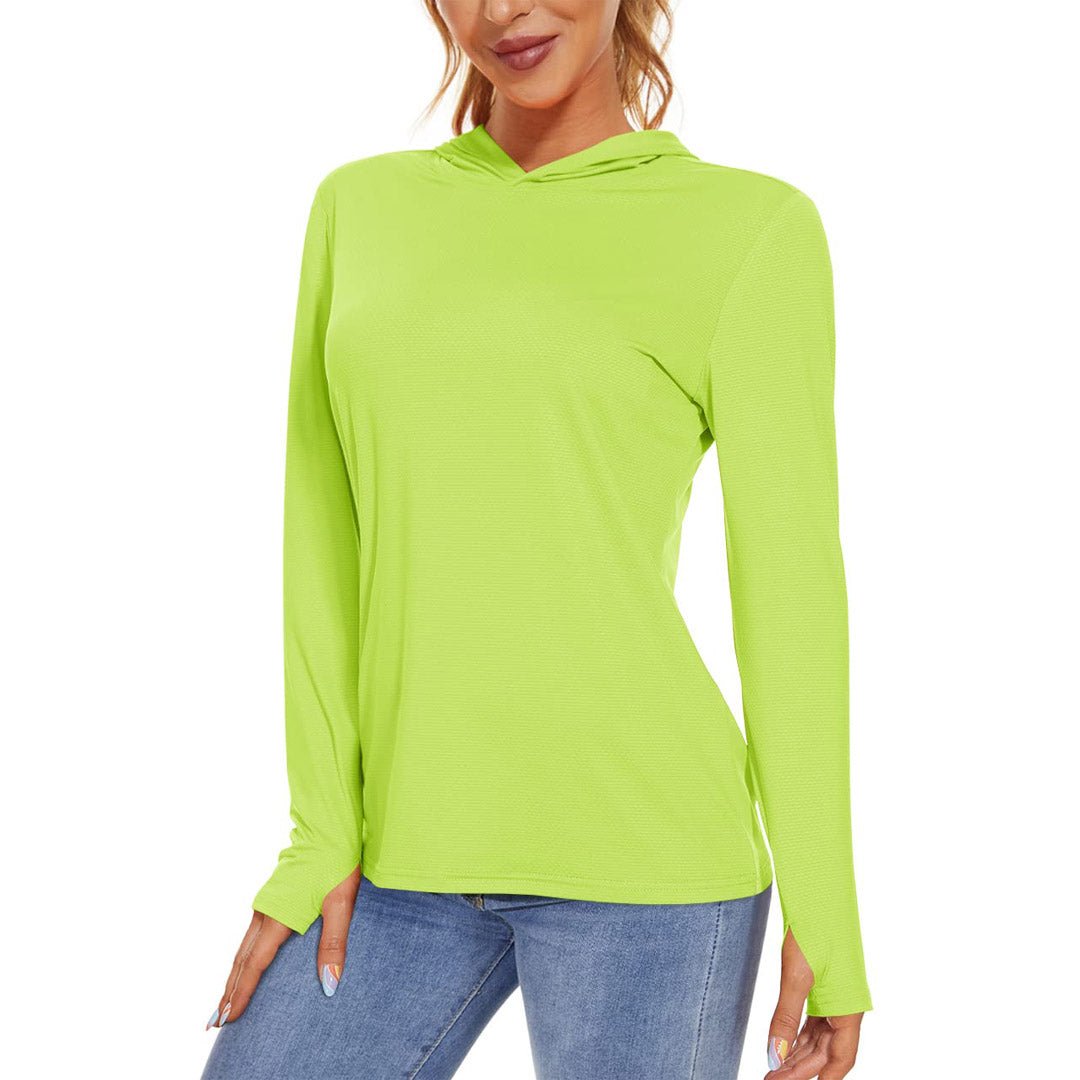 Women's UPF 50+ long sleeve hoodie shirt lightweight breathable polyester for running hiking sun protection