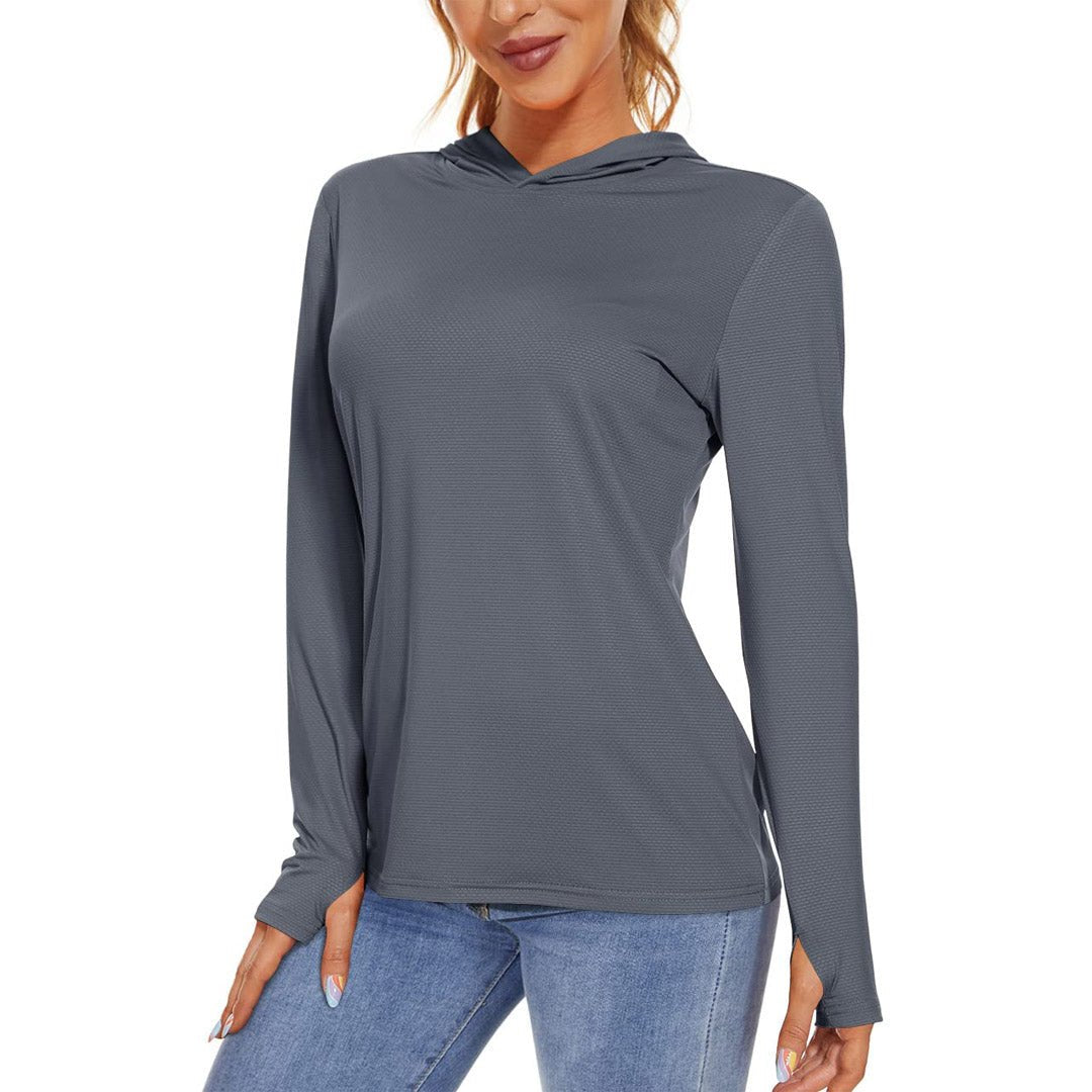 Women's UPF 50+ long sleeve hoodie shirt light breathable stretch fabric for running hiking