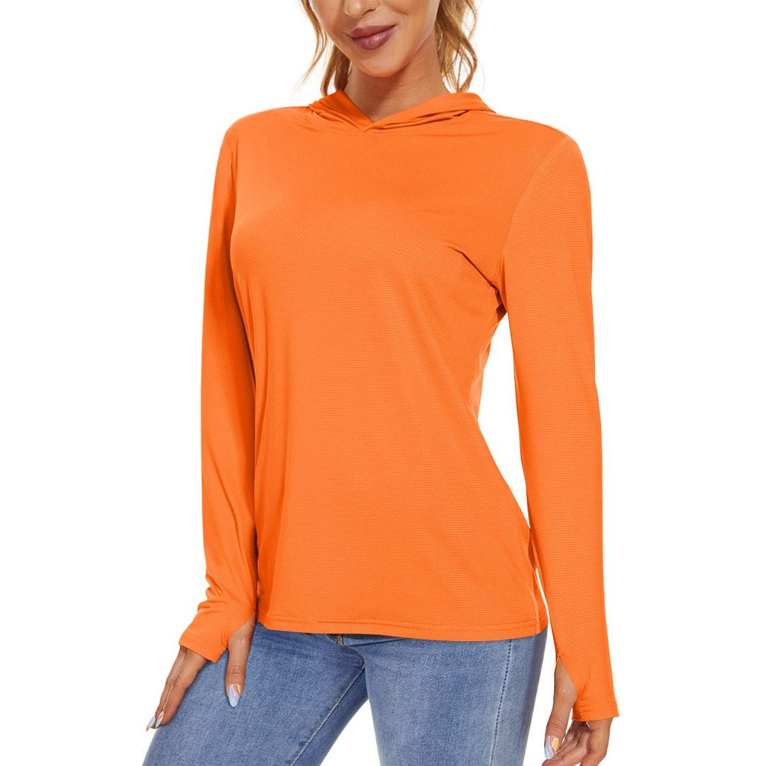 Women's UPF 50+ long sleeve hoodie shirt light breathable stretch fabric for running hiking outdoor