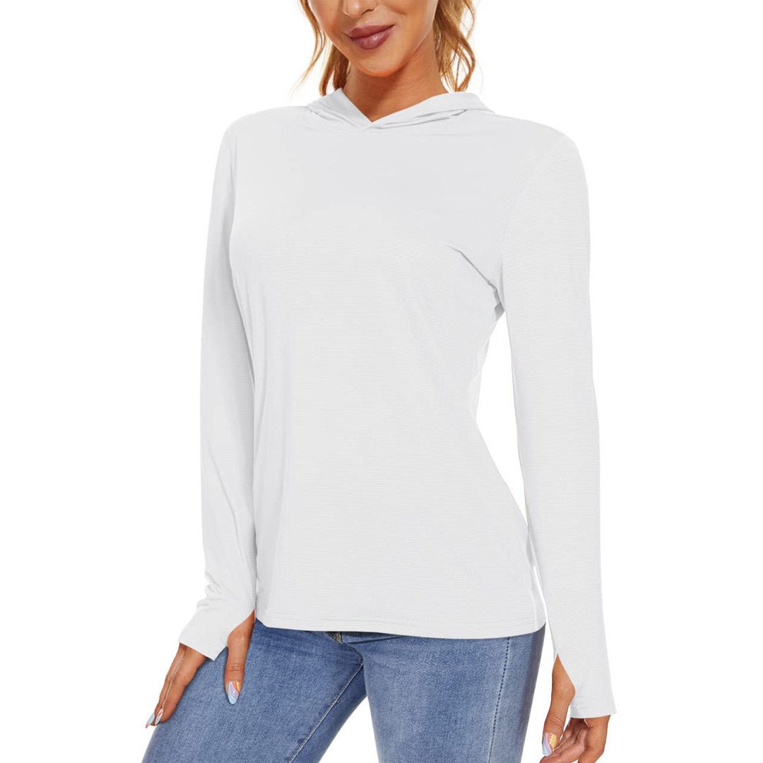 Women's UPF 50+ long sleeve hoodie shirt lightweight breathable stretch fabric for running hiking