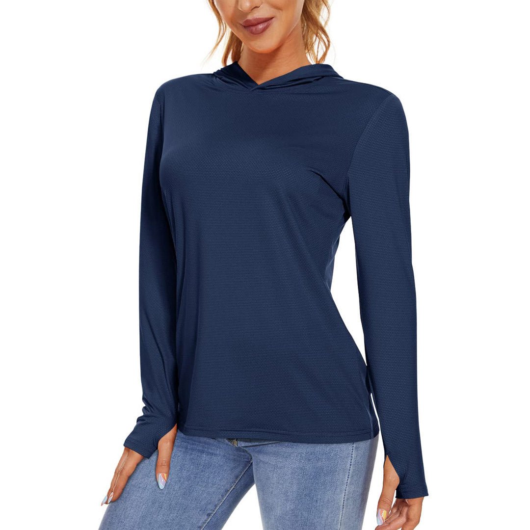 Women's UPF 50+ long sleeve hoodie shirt light breathable stretchy sun protection for running hiking