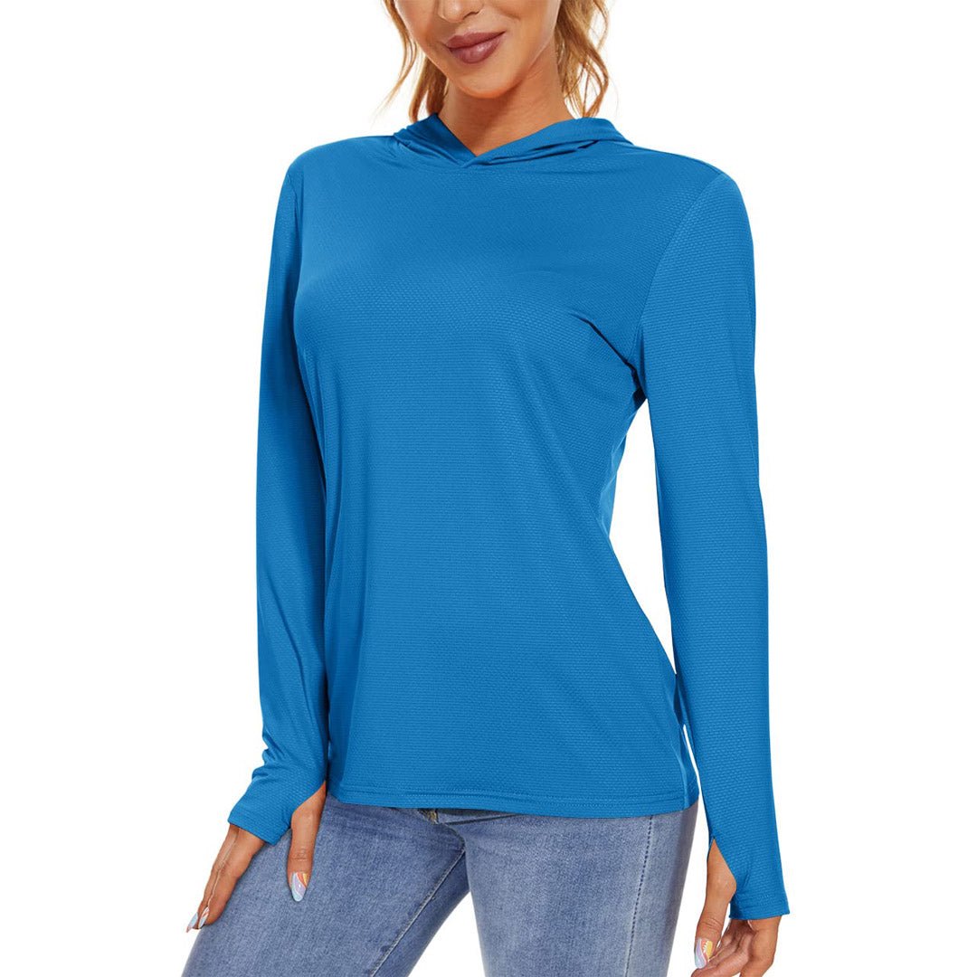 Women's UPF 50+ long sleeve hoodie shirt in breathable polyester blend for running and hiking