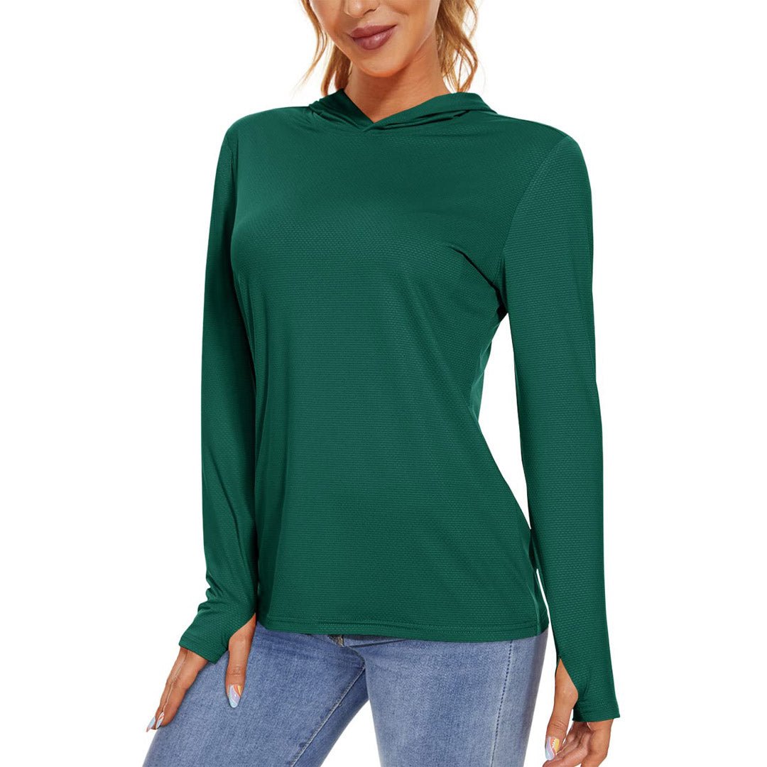 Women's UPF 50+ long sleeve hoodie shirt lightweight breathable sun protection for running hiking