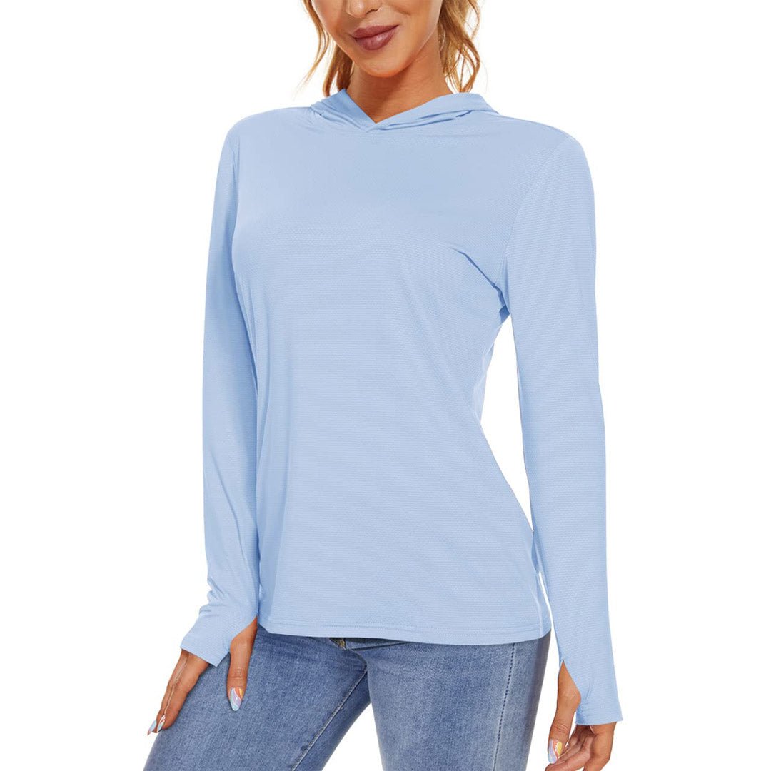 Women's UPF 50+ long sleeve hoodie shirt light breathable fabric for running hiking sun protection