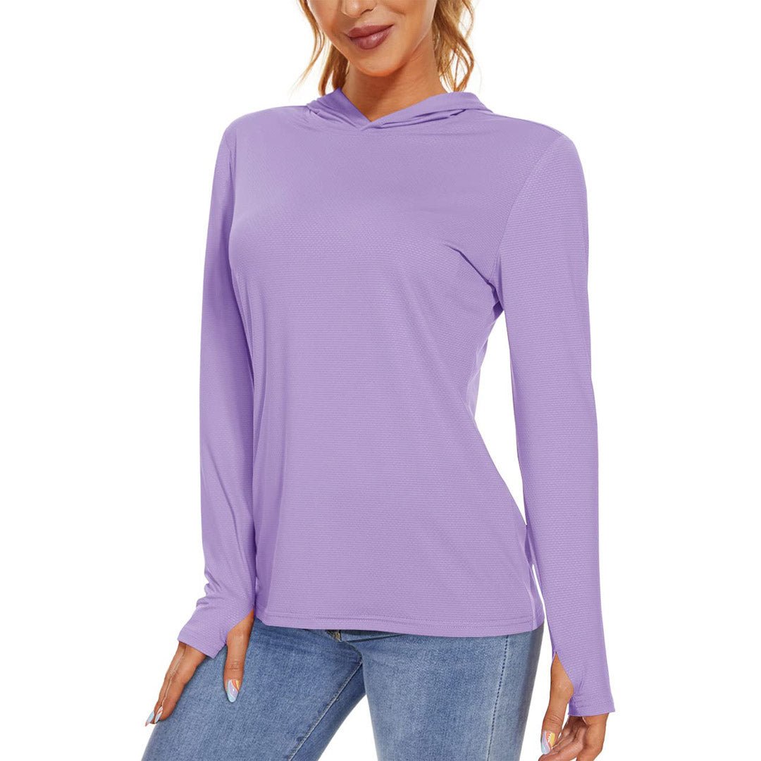 Women's UPF 50+ long sleeve hoodie shirt light breathable polyester spandex blend for running hiking