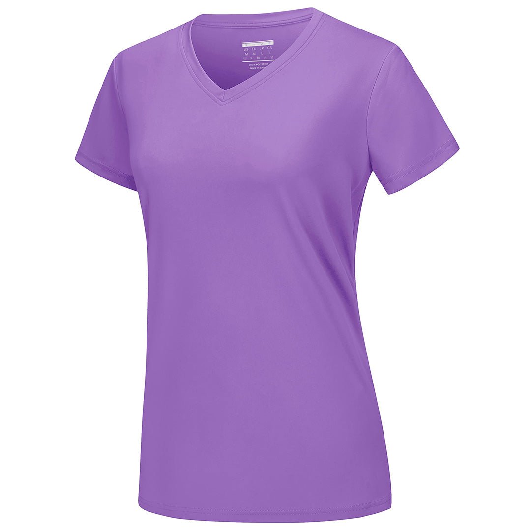 Women's UPF 50+ V-neck quick-dry tee, lightweight stretchy polyester sun protection shirt for active outdoor use