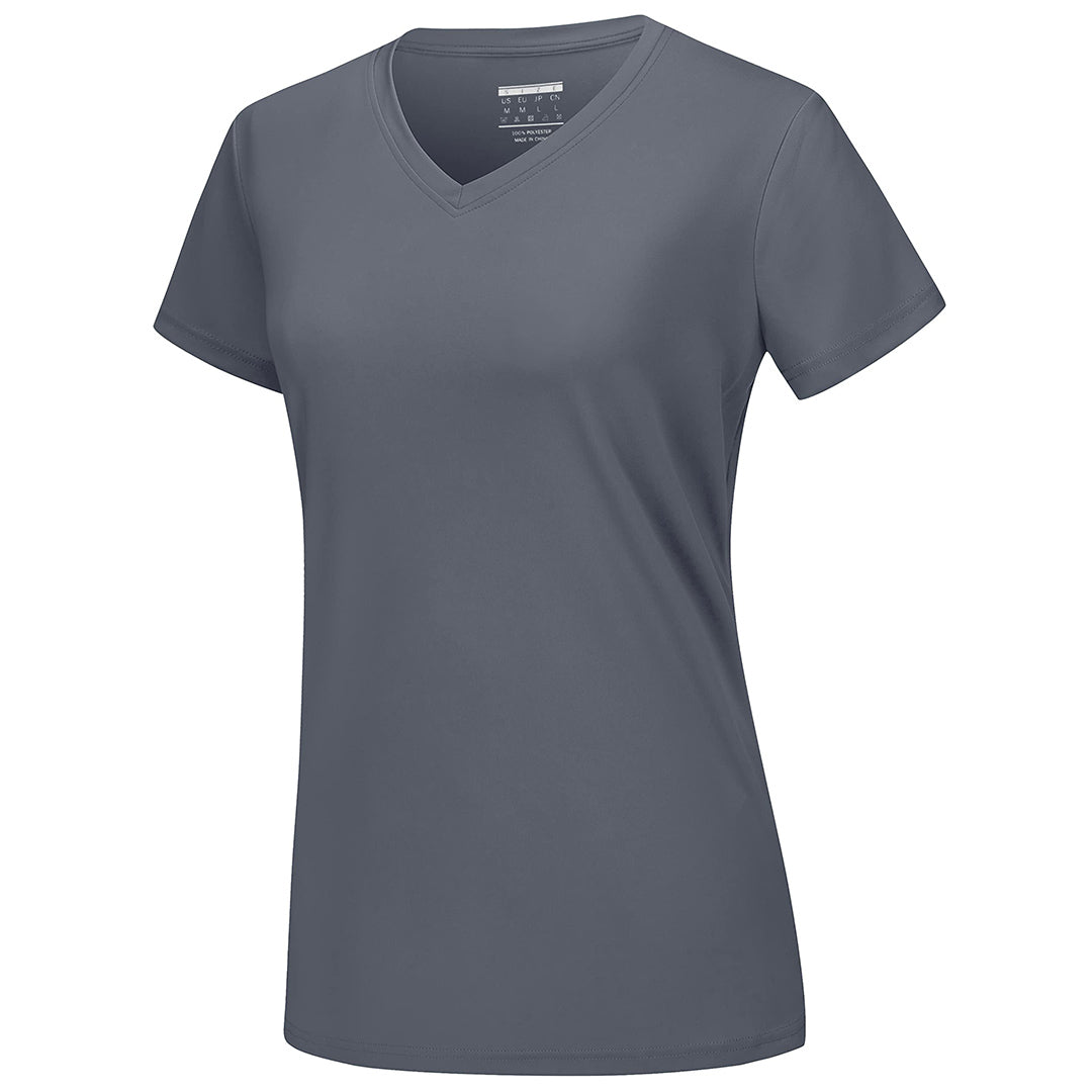 Women's UPF 50+ V-neck quick-dry tee, lightweight stretchy polyester sun protection shirt for active outdoor use