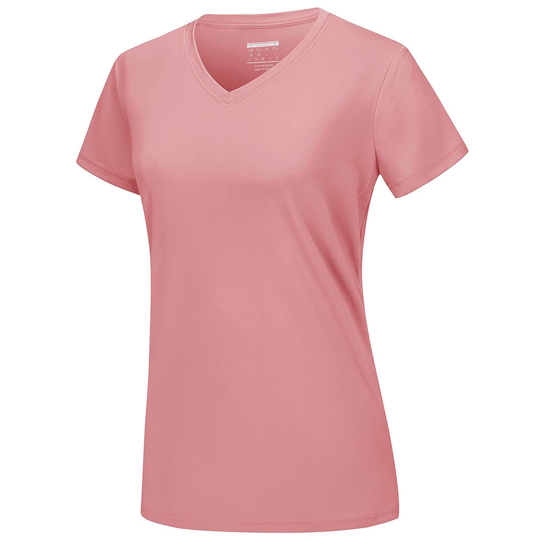 Women's UPF 50+ V-neck quick-dry tee, lightweight stretchy polyester sun protection shirt for active outdoor use