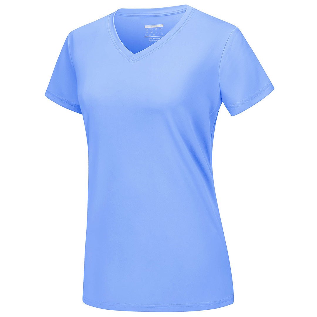 Women's UPF 50+ lightweight stretchy V-neck tee, quick-dry sun protection shirt for active outdoor use