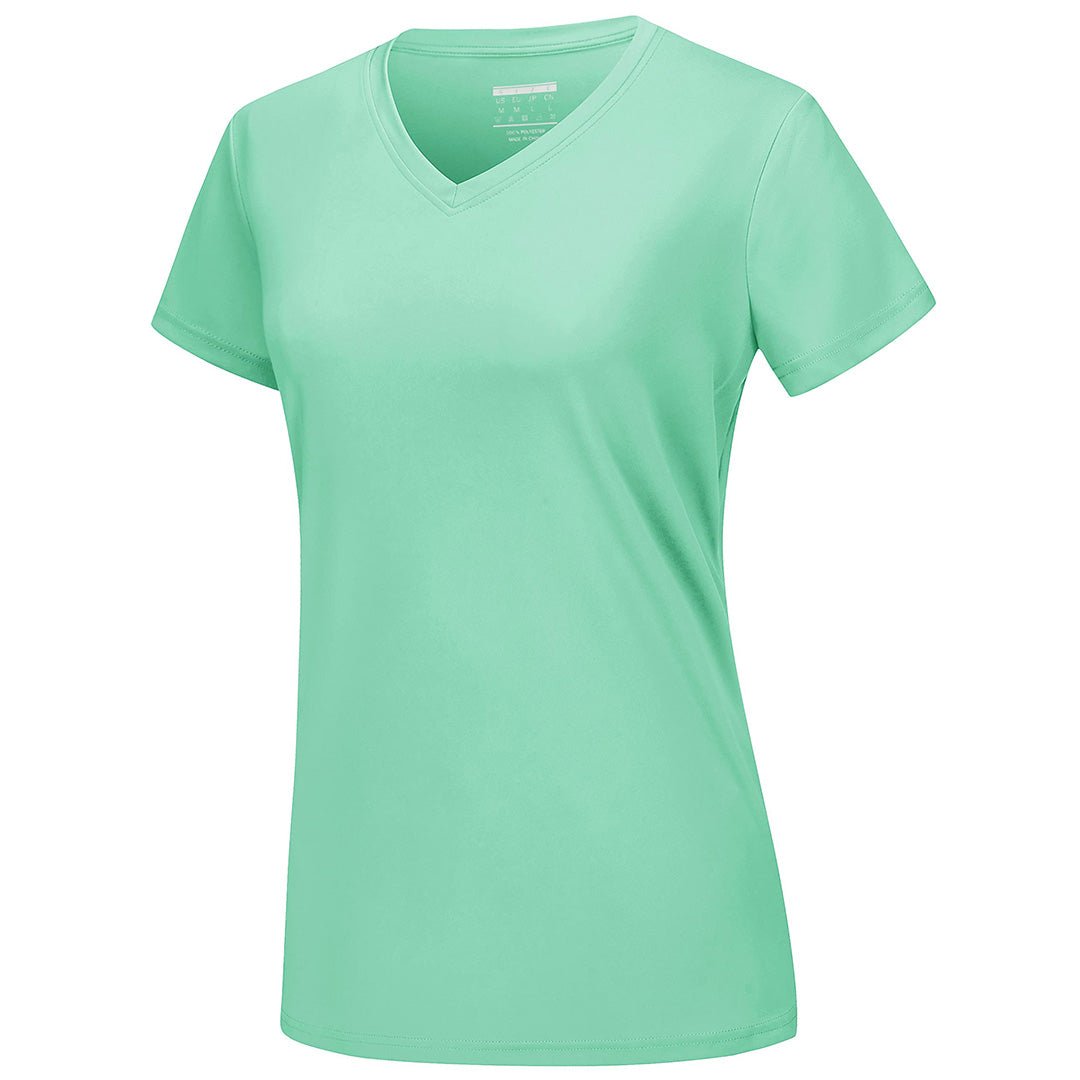 Women's UPF 50+ V-neck quick-dry tee, lightweight stretchy polyester sun protection shirt for active outdoor use