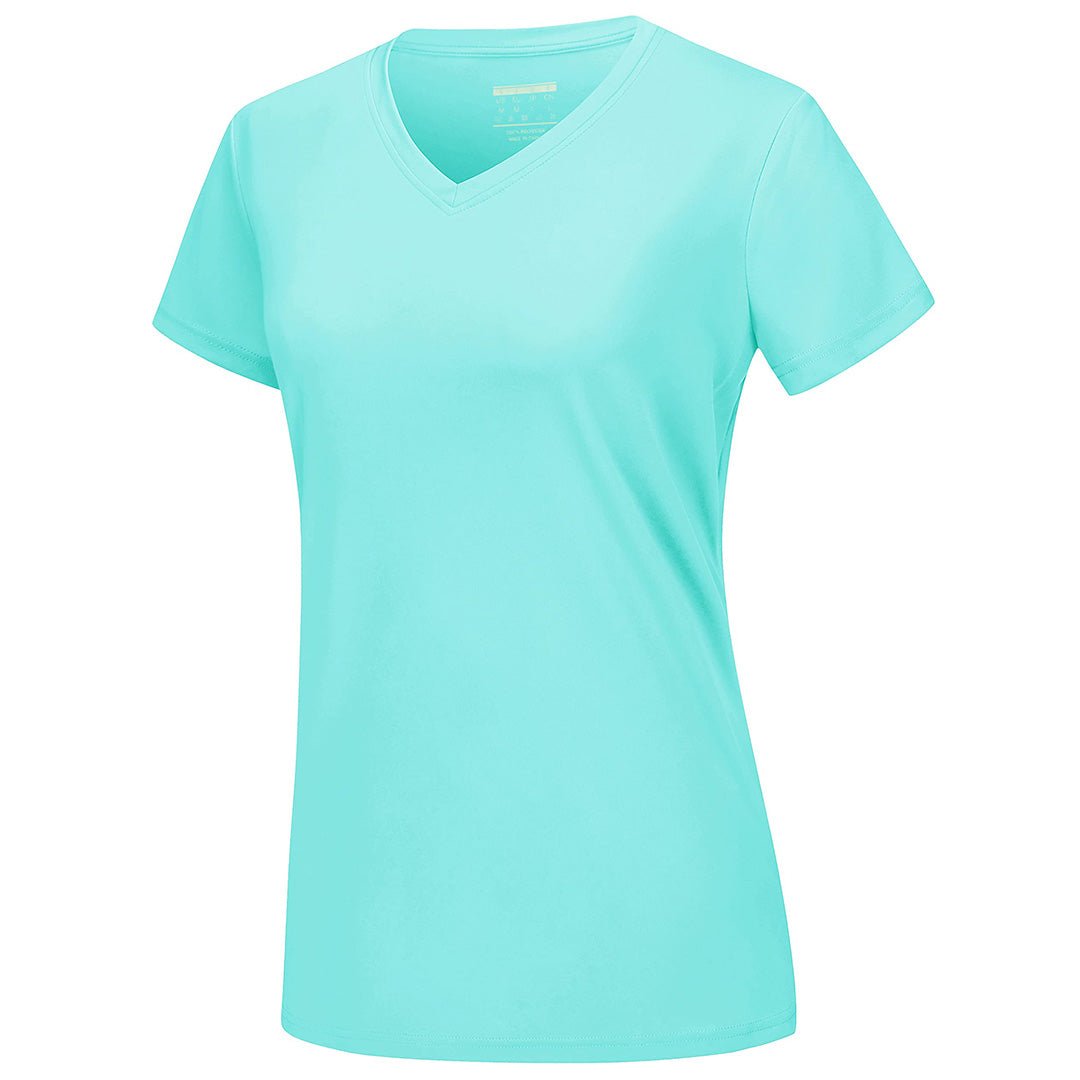 Women's UPF 50+ V-neck quick-dry tee, lightweight stretchy polyester sun protection shirt for active outdoor use
